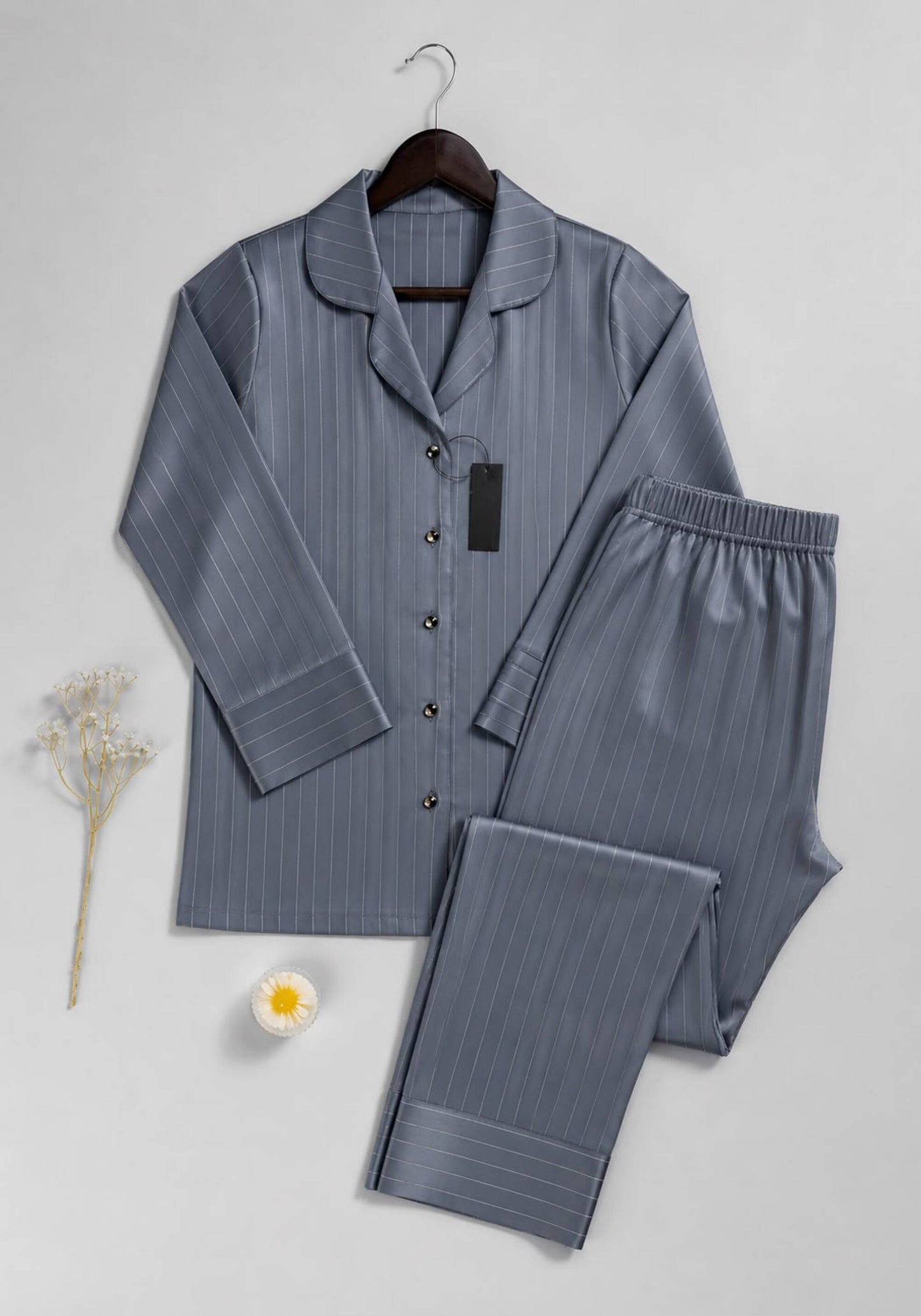 Lingerie Pajama: Satin Striped Collar Button Long Sleeve Top And Pant