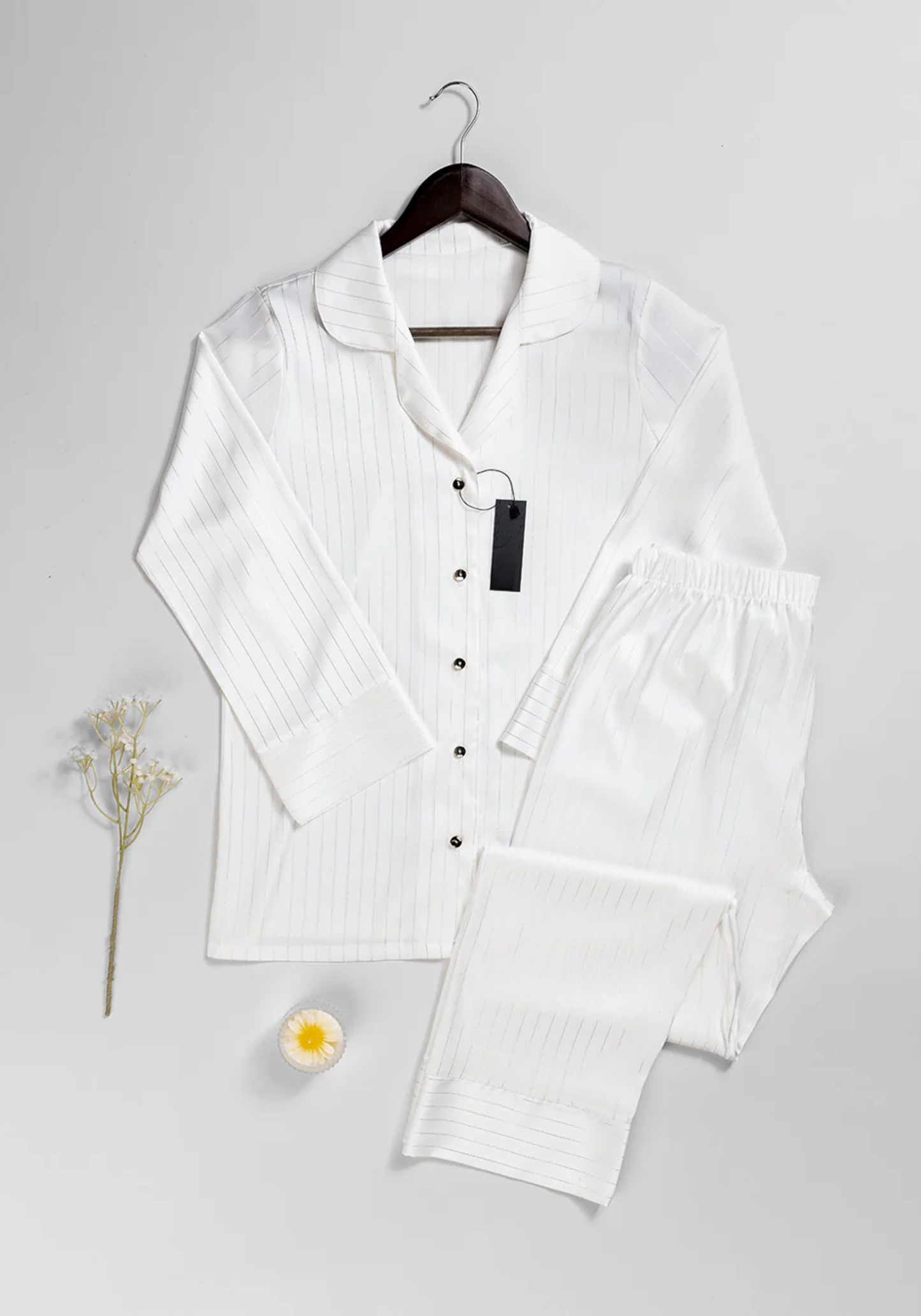 Lingerie Pajama: Satin Striped Collar Button Long Sleeve Top And Pant
