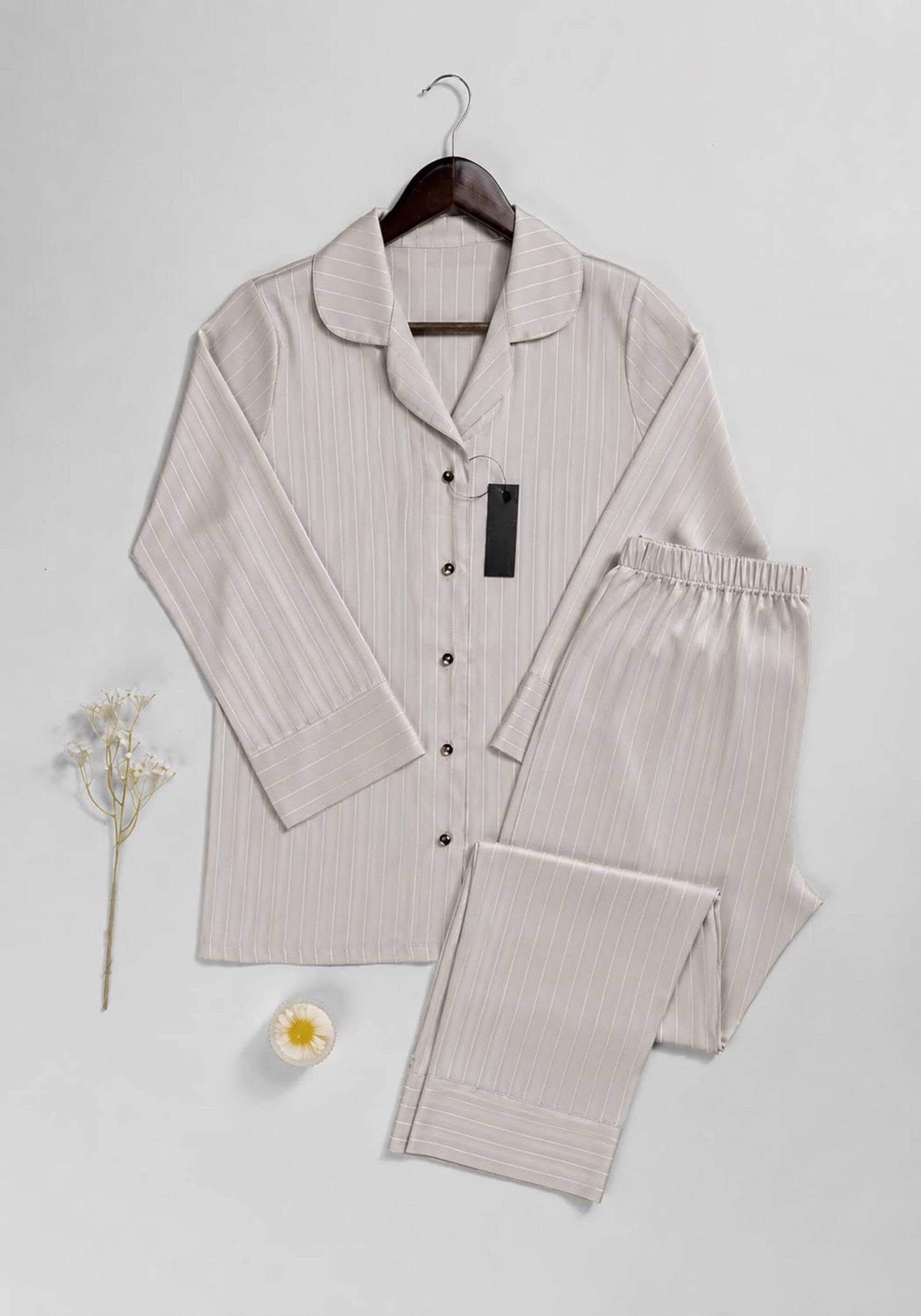 Lingerie Pajama: Satin Striped Collar Button Long Sleeve Top And Pant