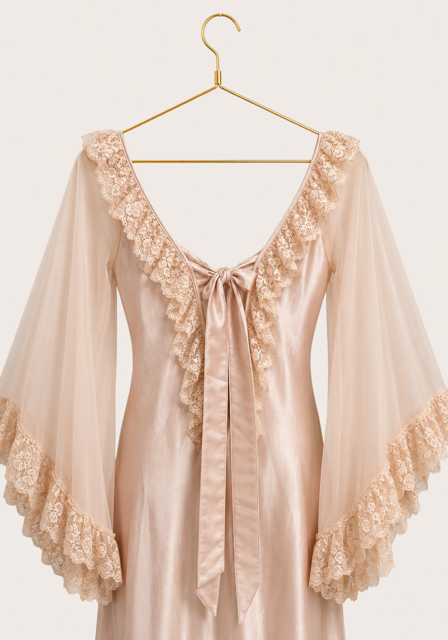 Long Chiffon Sleeve Long Satin Gown With Dantel Detail