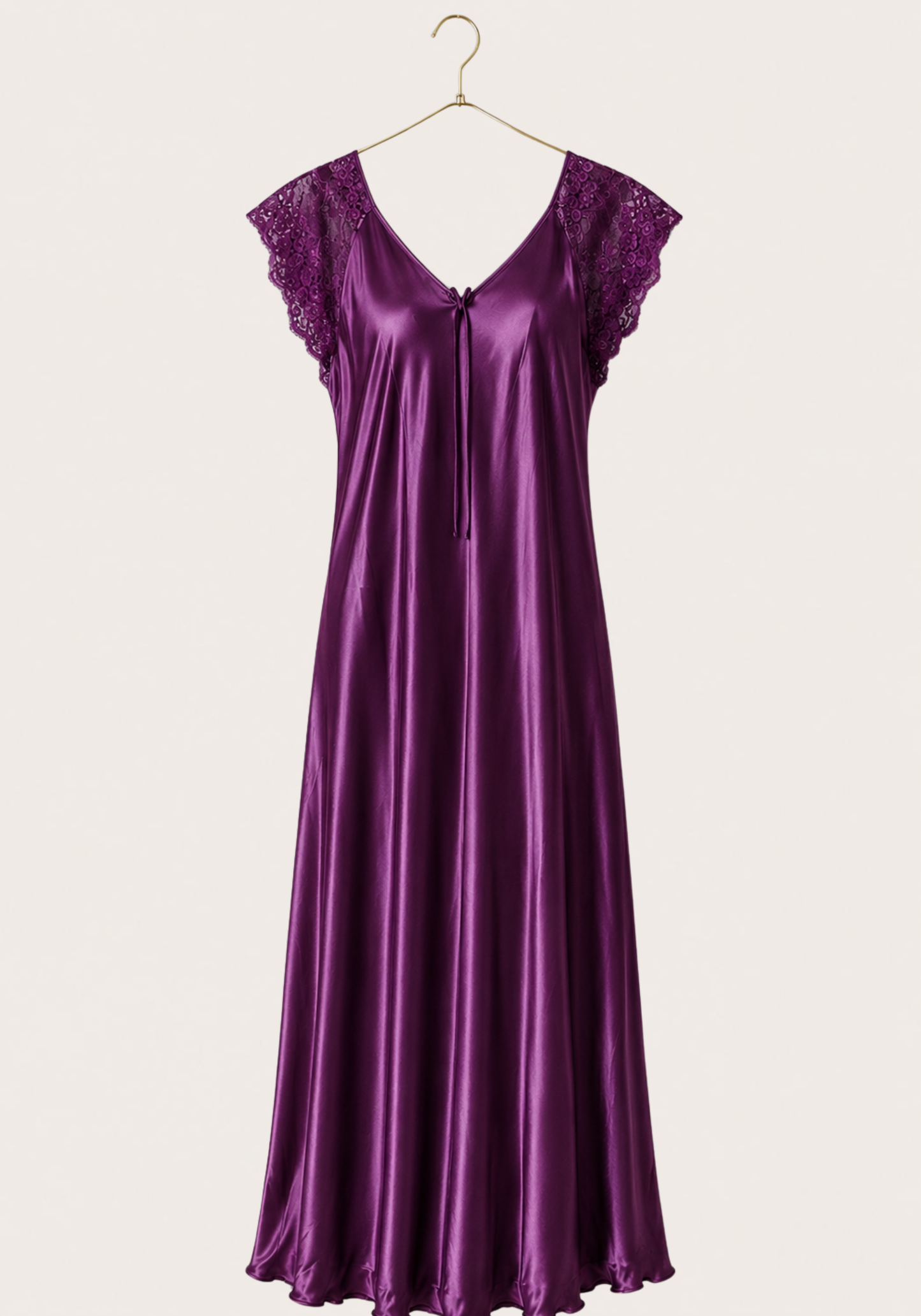 Mega Sleeve Satin Long Gown With Lace Detail And Satin Panty