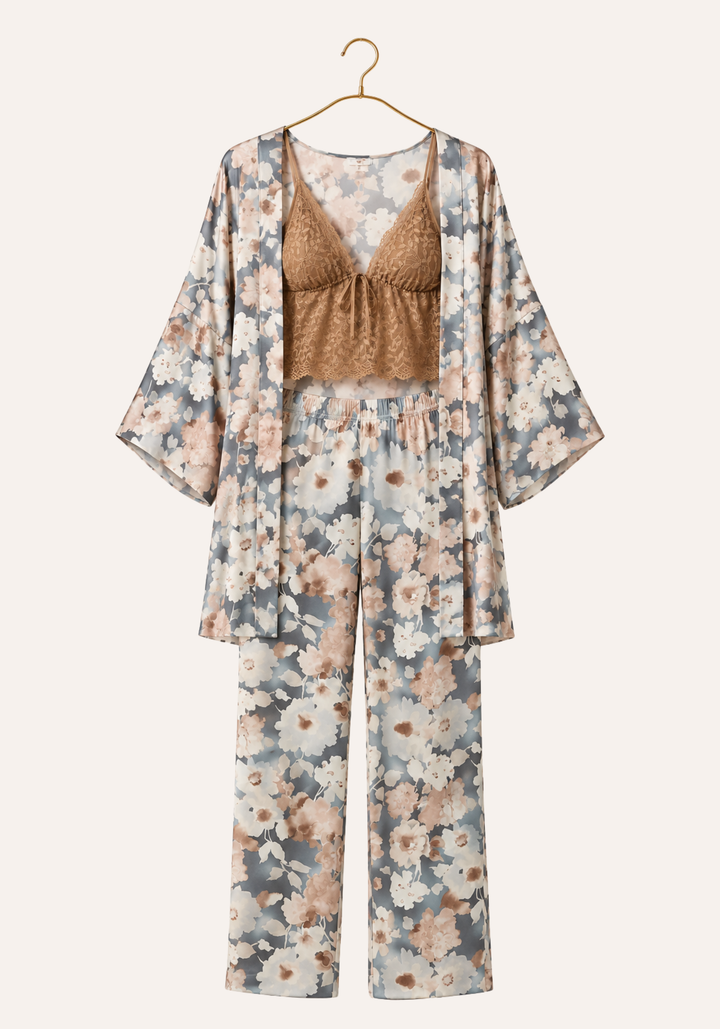 3 Pieces Set: Floral Print Short Robe And Long Pants And Lace Tank Top