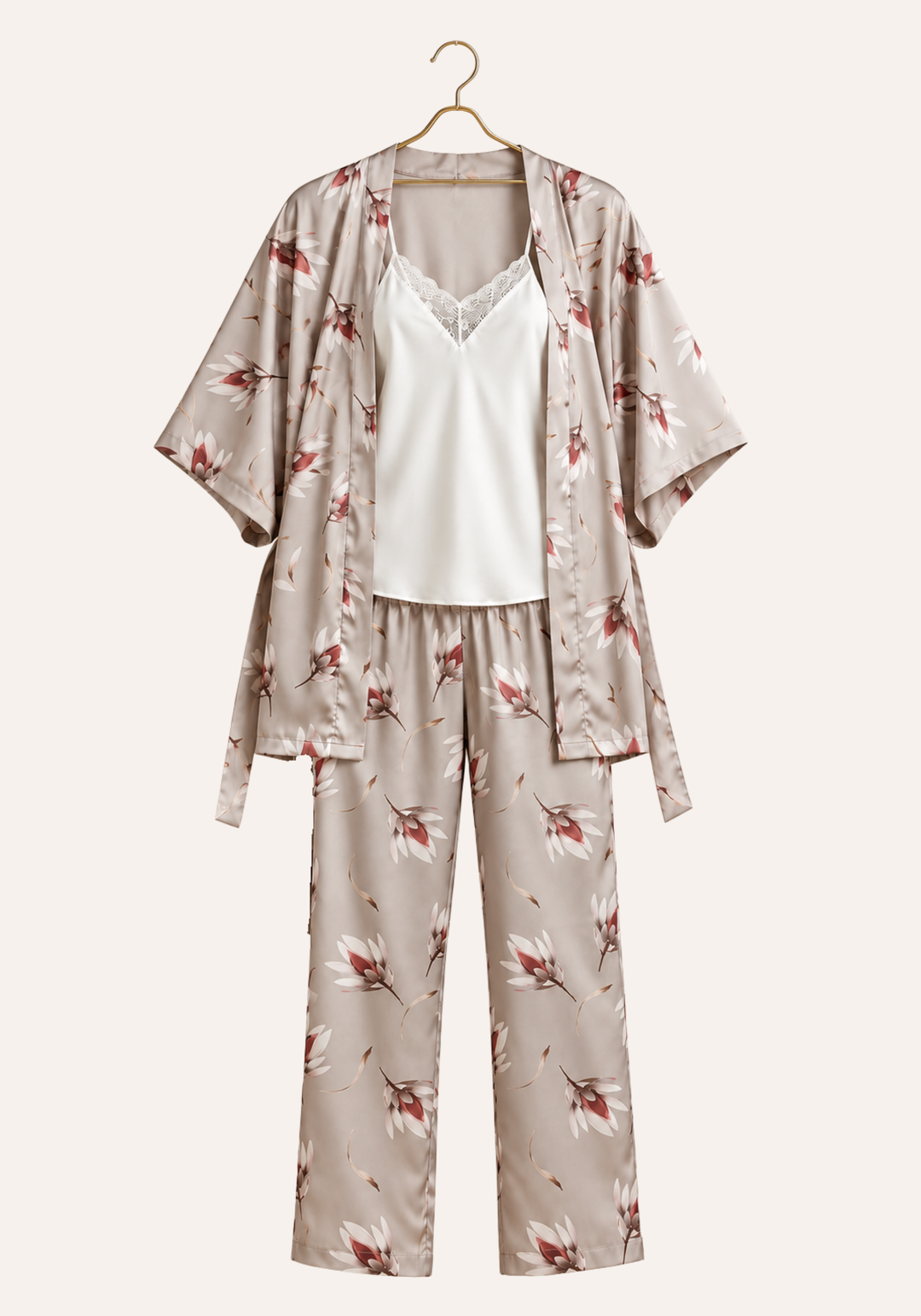 3 Pieces Set: Printed Short Robe And Pants And A Plain Shoulder Strap Cami Top