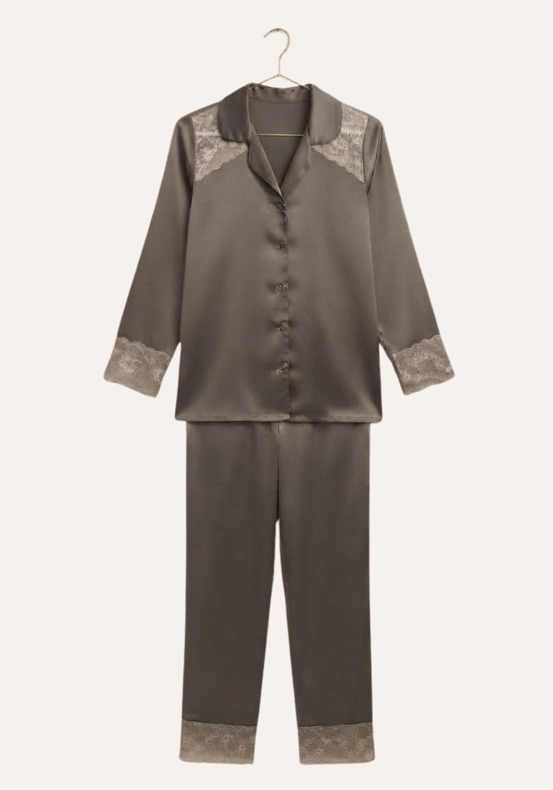 Plain Collar Button Long Sleeve Top And Pants With Lace Details