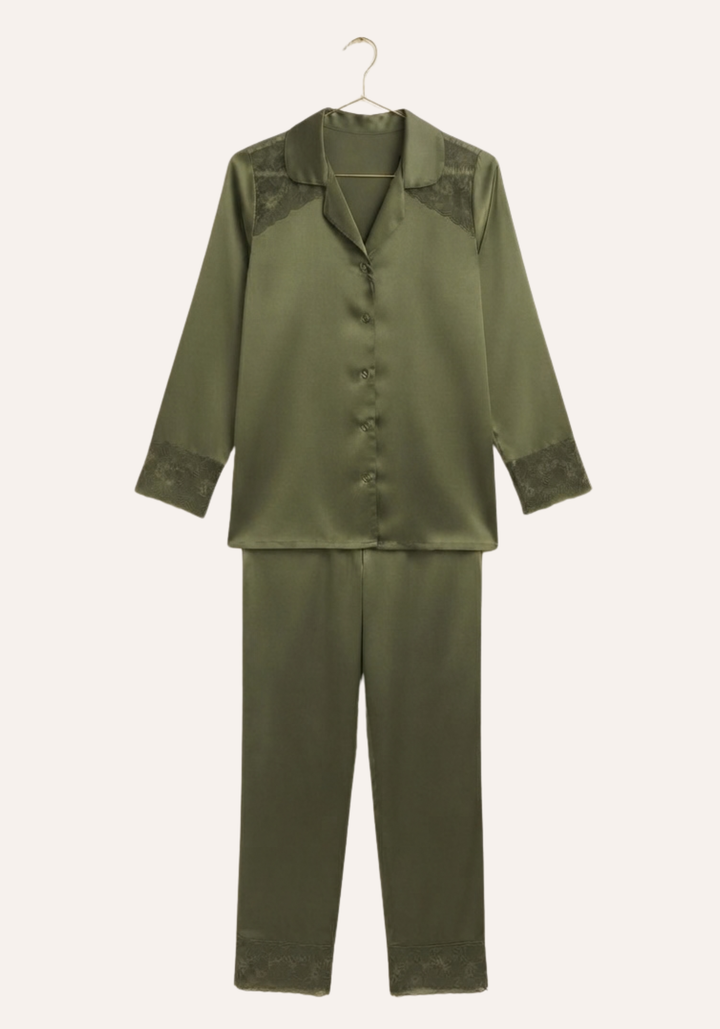 Plain Collar Button Long Sleeve Top And Pants With Lace Details