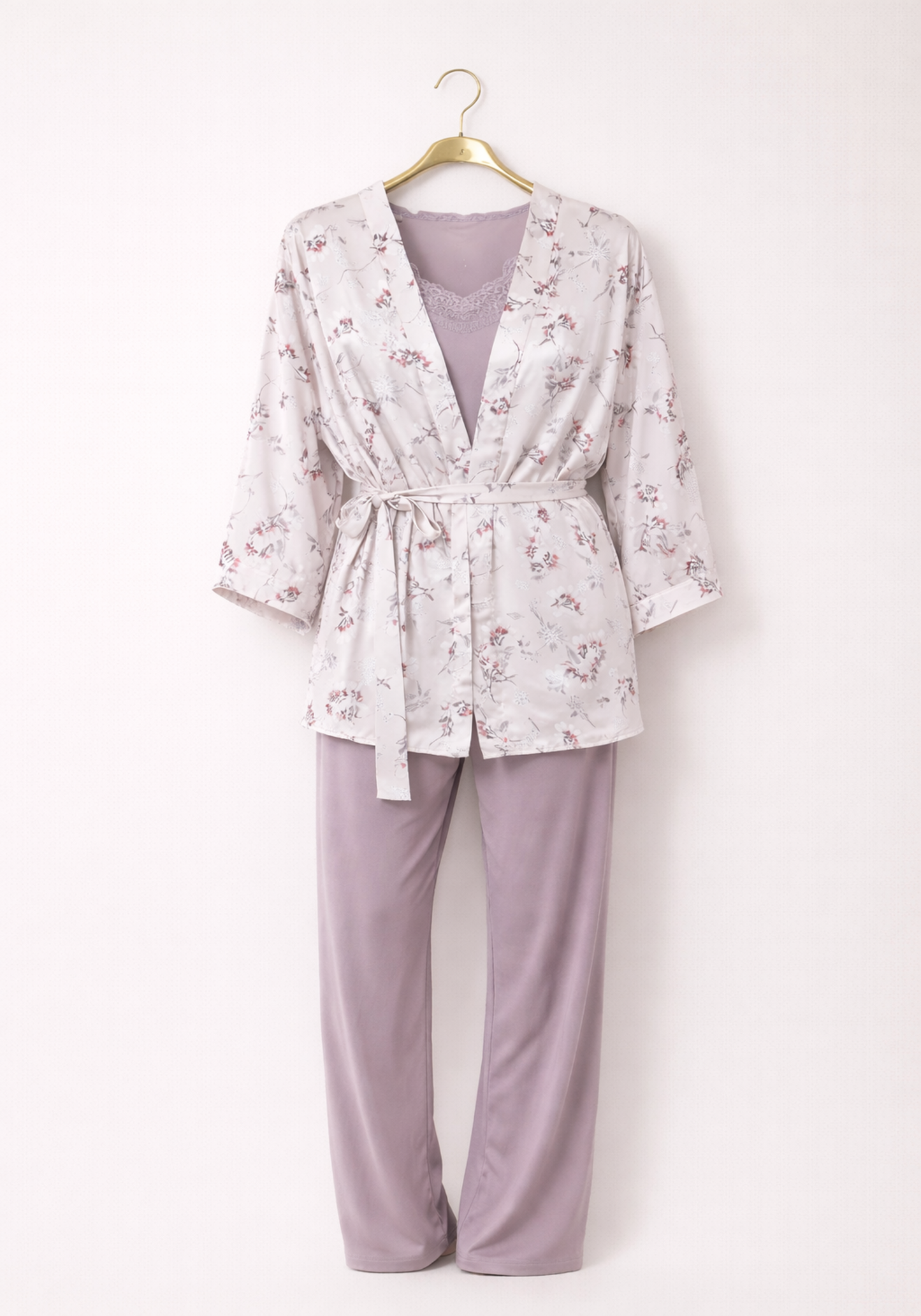 3 Pieces Set: Viscose Shoulder Strap Plain Pajamas And Satin Printed Robe