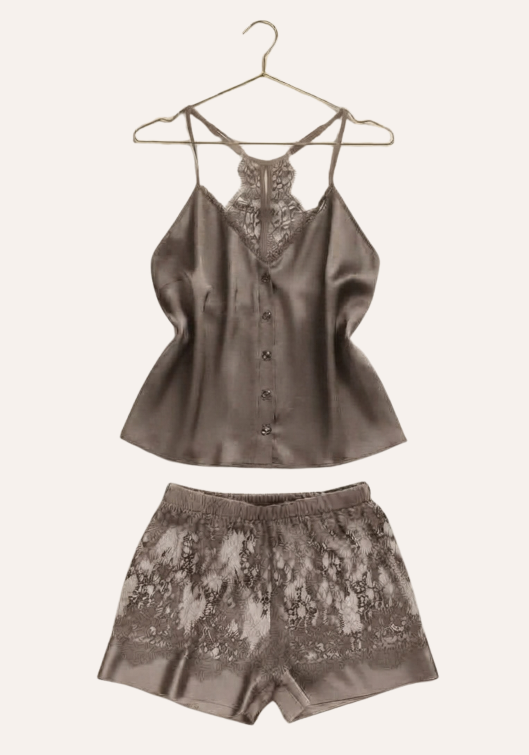 Plain Shoulder Strap Cami Top With Back Lace And Lace Shorts With Satin In The Bottom