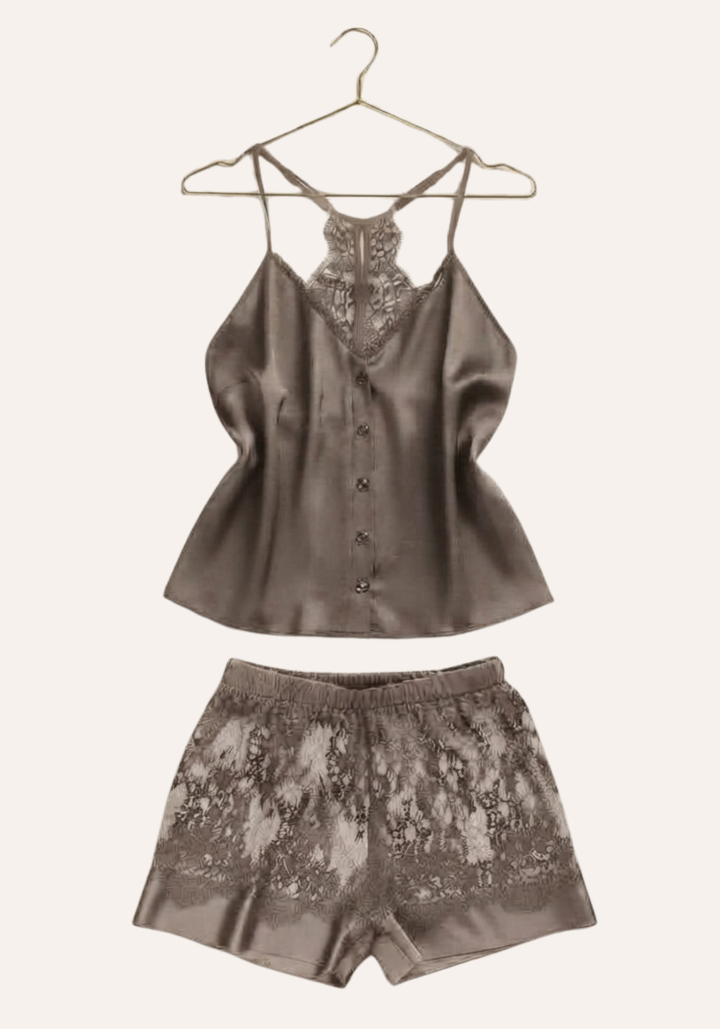 Plain Shoulder Strap Cami Top With Back Lace And Lace Shorts With Satin In The Bottom