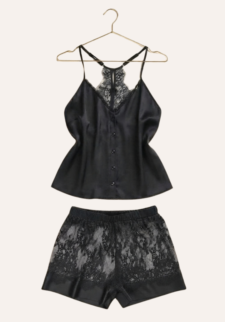 Plain Shoulder Strap Cami Top With Back Lace And Lace Shorts With Satin In The Bottom