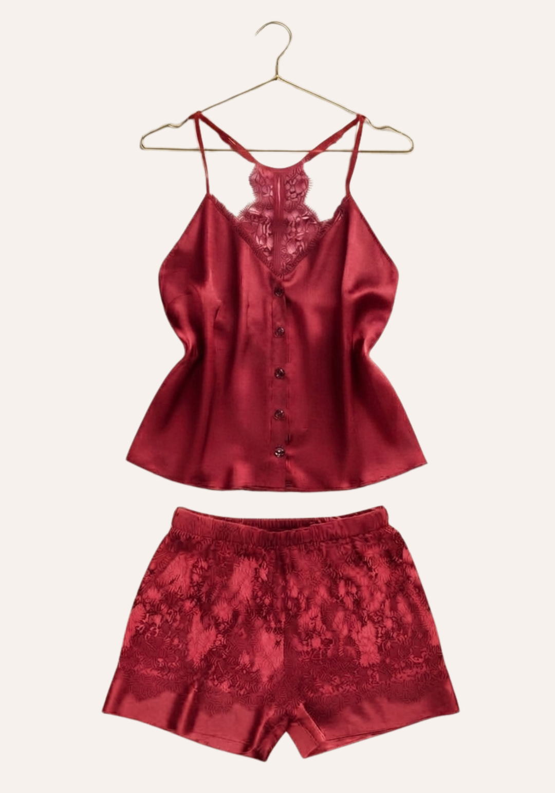 Plain Shoulder Strap Cami Top With Back Lace And Lace Shorts With Satin In The Bottom