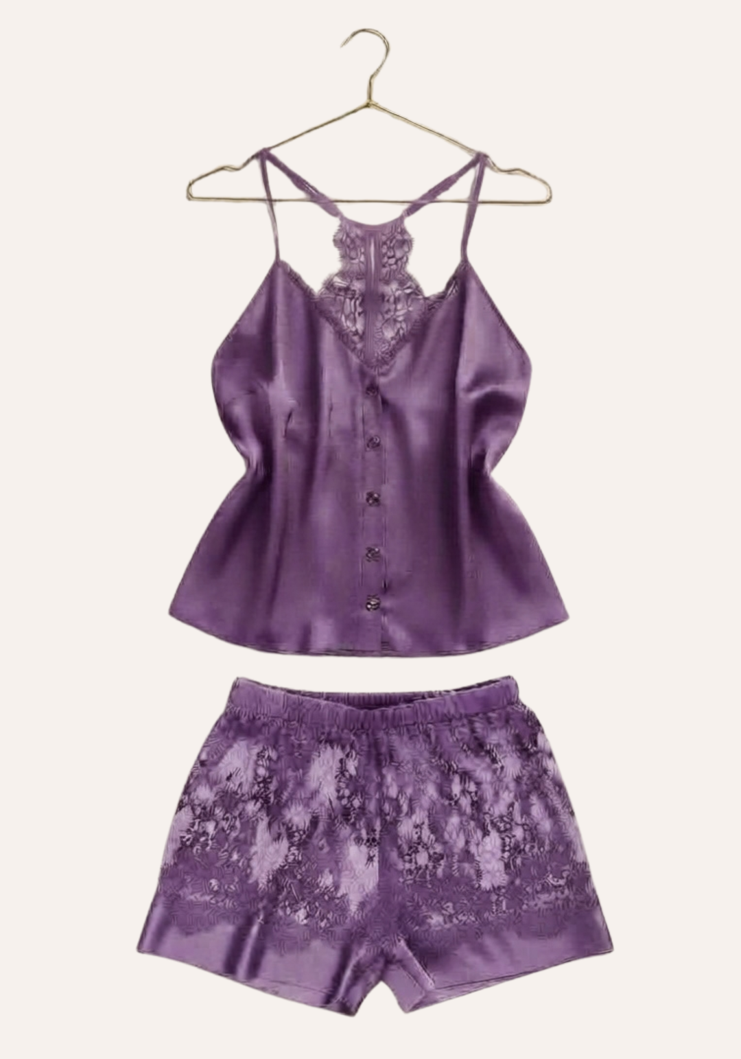 Plain Shoulder Strap Cami Top With Back Lace And Lace Shorts With Satin In The Bottom