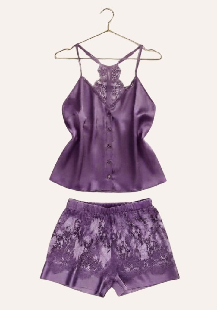 Plain Shoulder Strap Cami Top With Back Lace And Lace Shorts With Satin In The Bottom