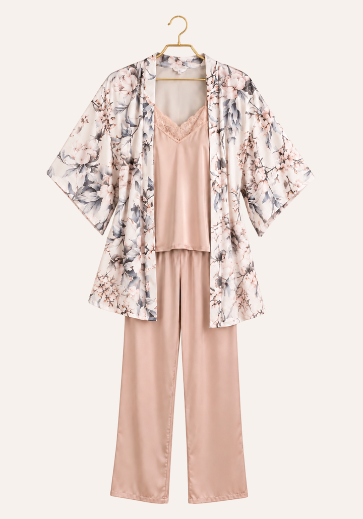 4 Pieces Set: Plain Satin Shoulder Strap Top And Pants And Shorts And Printed Short Robe