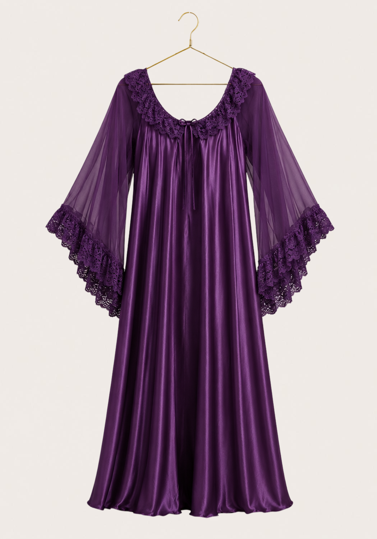 Long Chiffon Sleeve Long Satin Gown With Dantel Detail