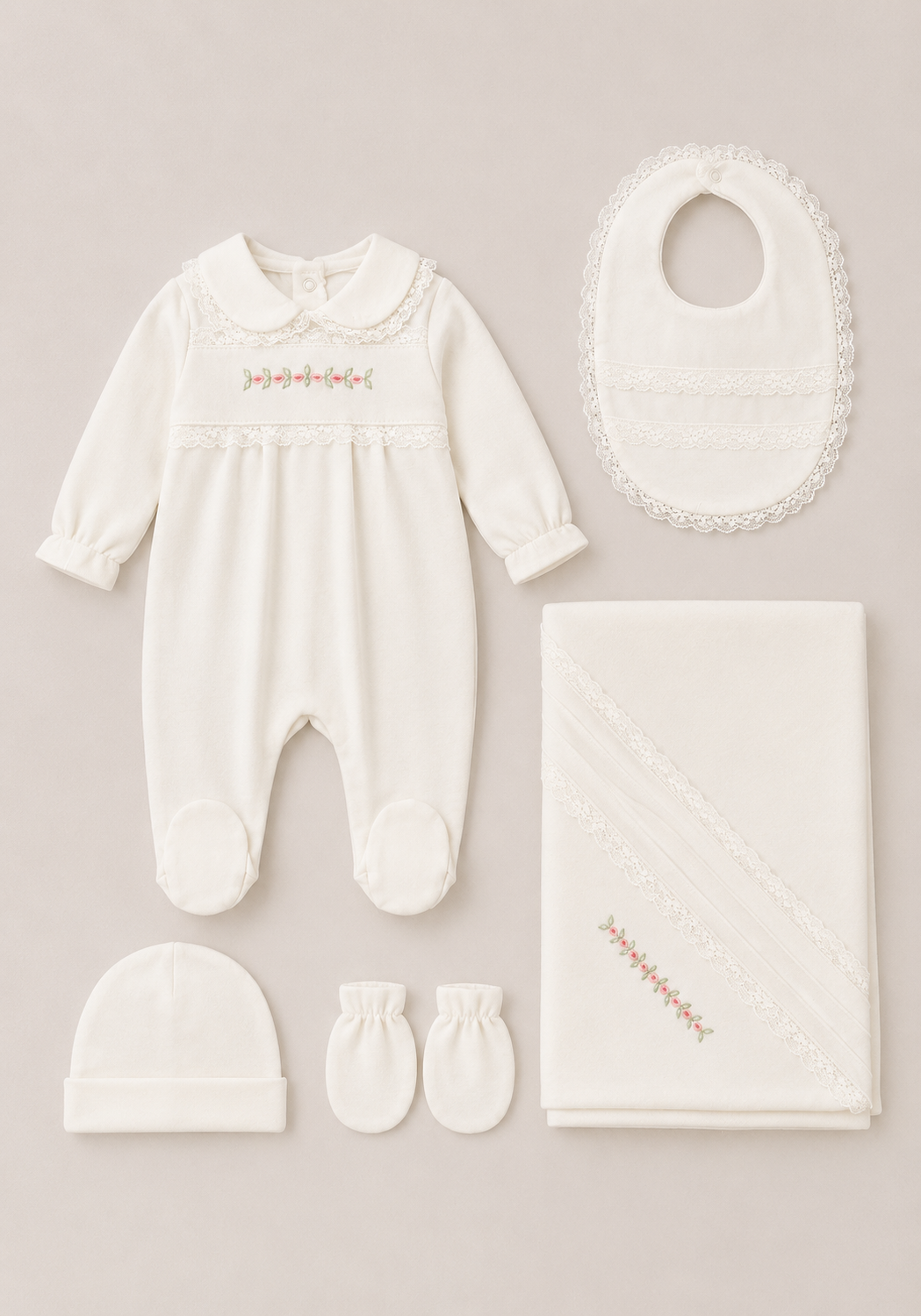 Babies Essential Set Of 5 Pieces: Romper, Hat, Bib, Blanket, Mittens