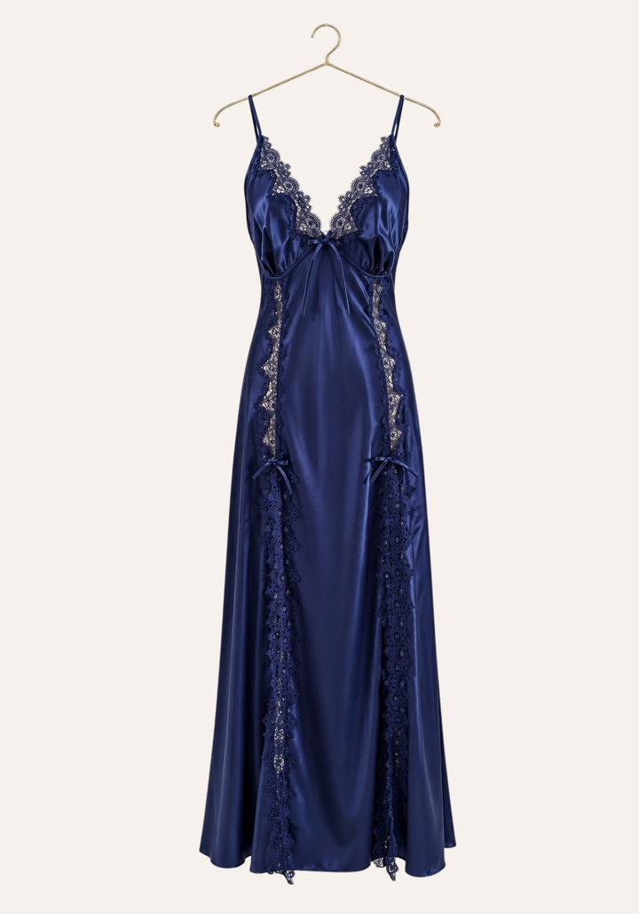 Shoulder Strap Long Nighty With Lace Details And Side Openings