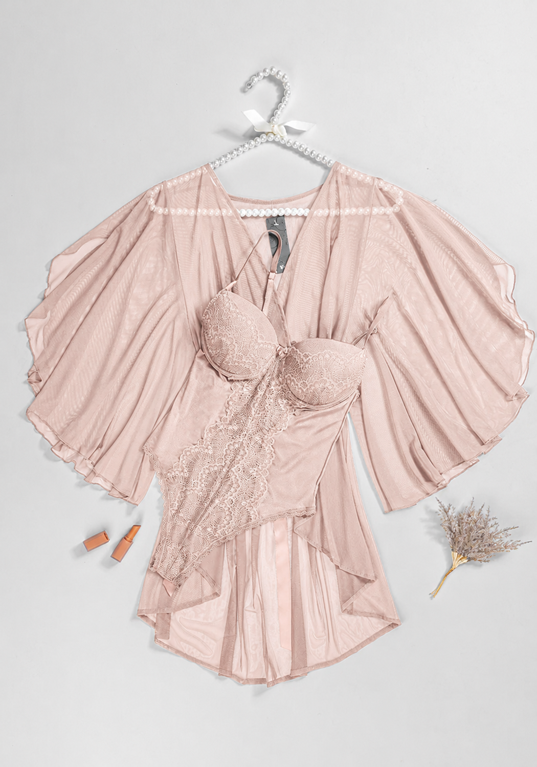 Lingerie Short Robe Set: Satin Lace Padded Bra Bodysuit And Schiffon Butterfly Short Kimono