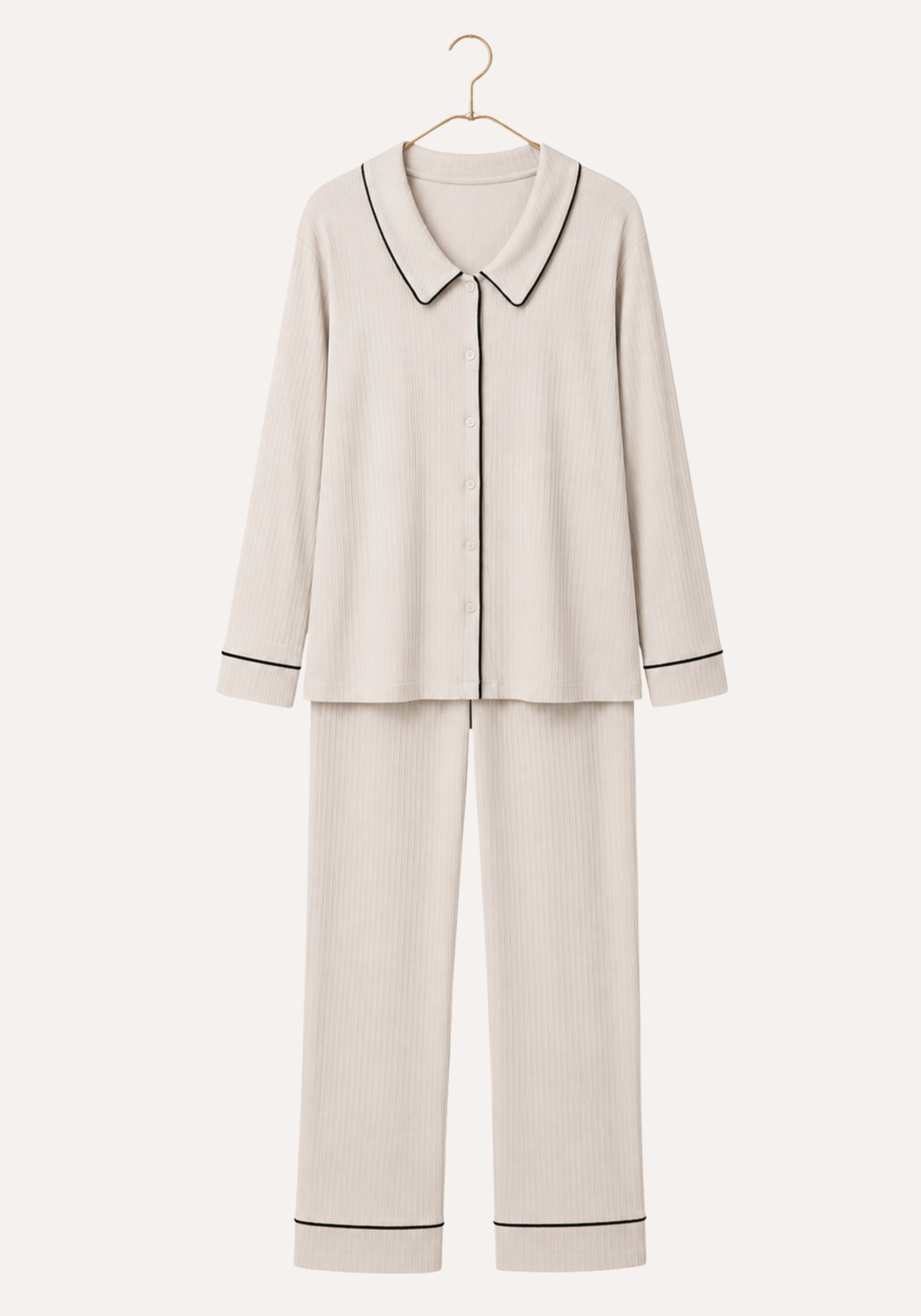 Plain Chords Collar Button Long Sleeve Pajamas