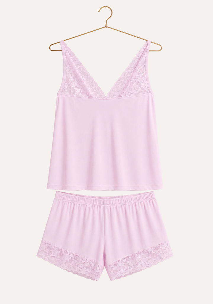 Modal Short Set: Shoulder Strap Top With Lace Detail And Shorts