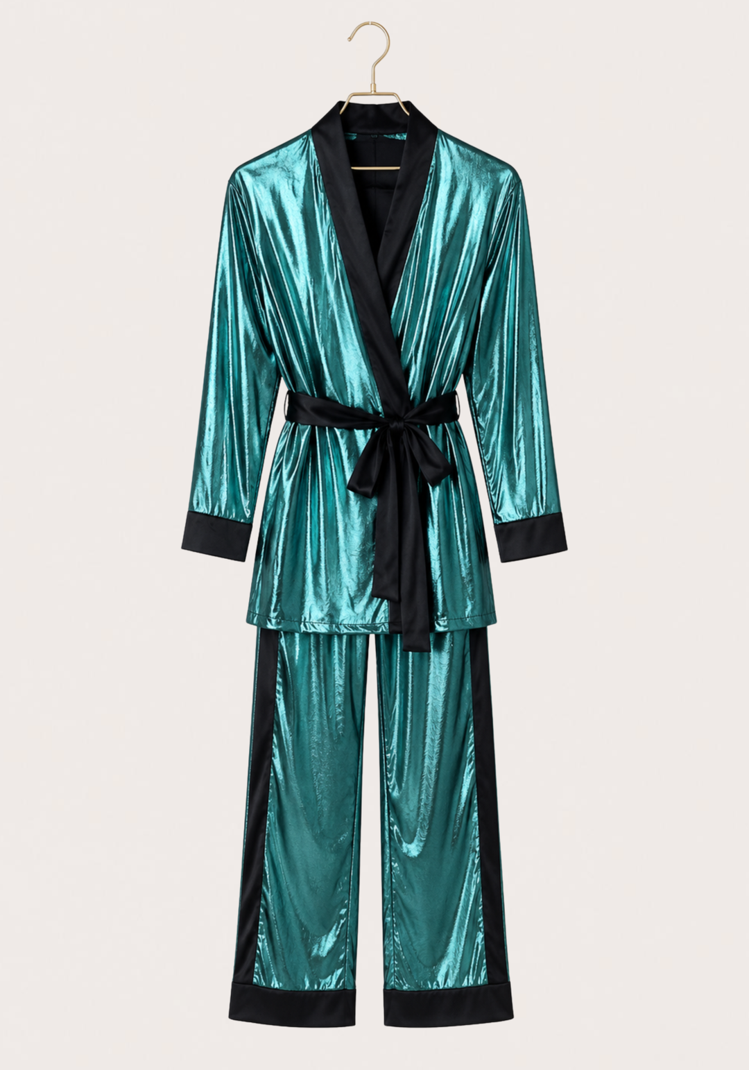 3 Pieces Pajamas: Disko Long Sleeves Short Robe And Pants And Satin Crop Tank Top