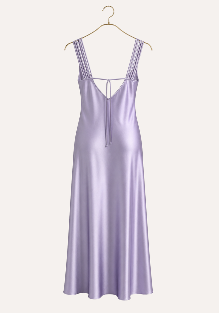 Satin Long Night Gown: Plain Shoulder Strap Lace Cups Long Nighty With Side Opening