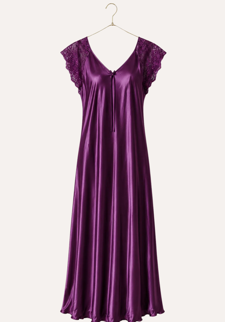Mega Sleeve Satin Long Gown With Lace Detail And Satin Panty