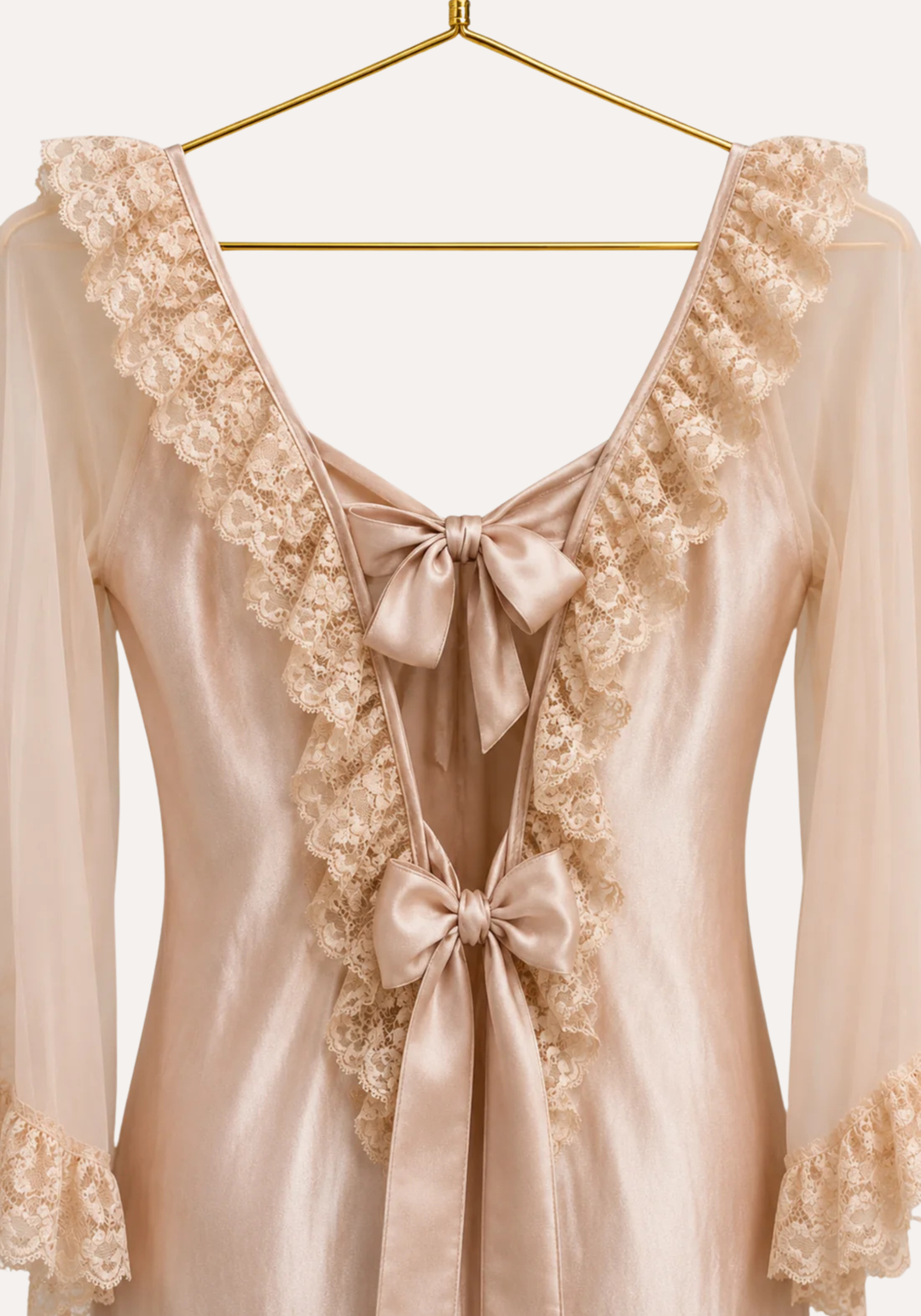 Long Chiffon Sleeve Long Satin Gown With Dantel Detail
