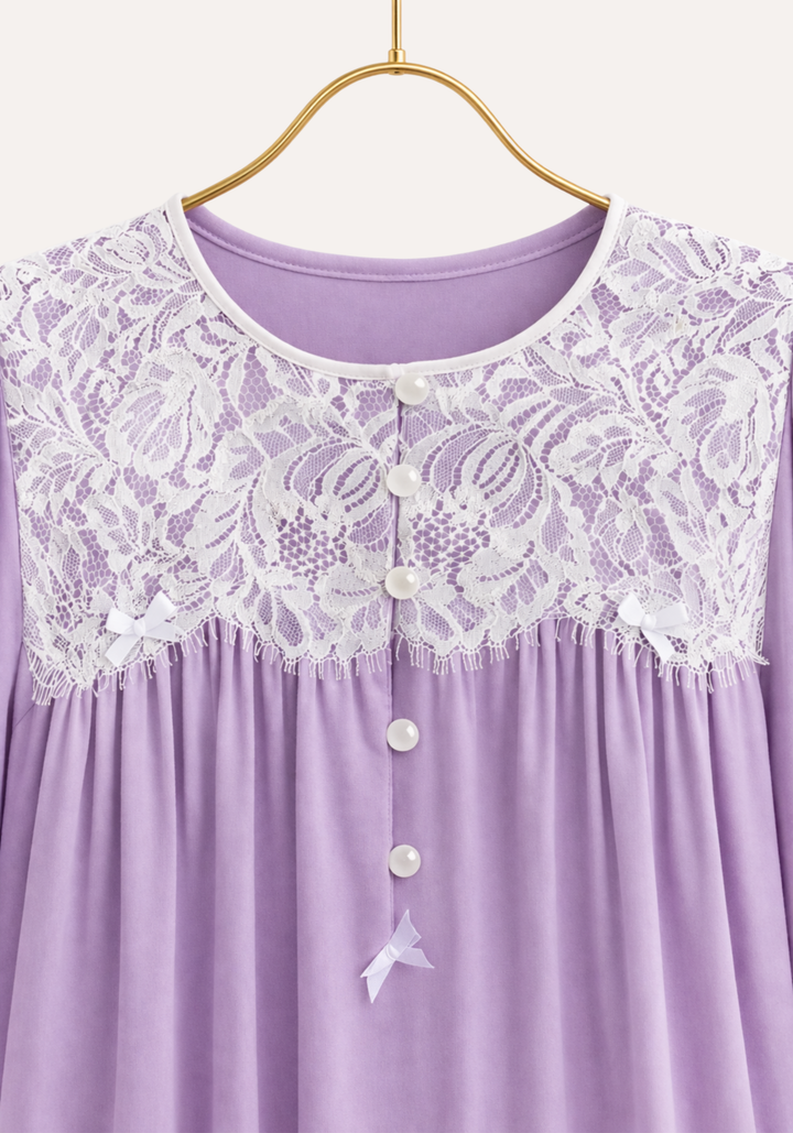 Woven Viscose Long Sleeves Long Nighty With Dantel In The Front &amp; Sleeves With Buttons