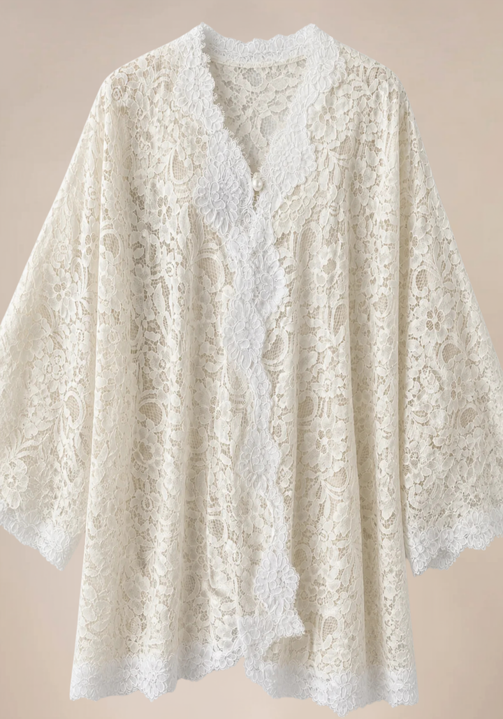 Bridal 3 Pieces Pajamas: Full Dantel Short Robe And Sleeveless Satin Top With Buttons And Pants With Lace Details