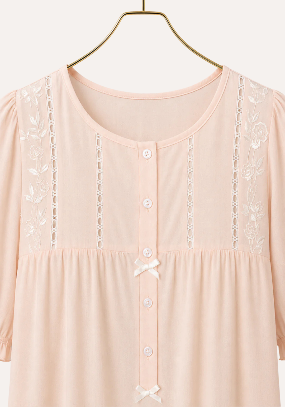 Long Gown: Woven Viscose Short Sleeves Long Nighty With Buttons And Embroidery Details