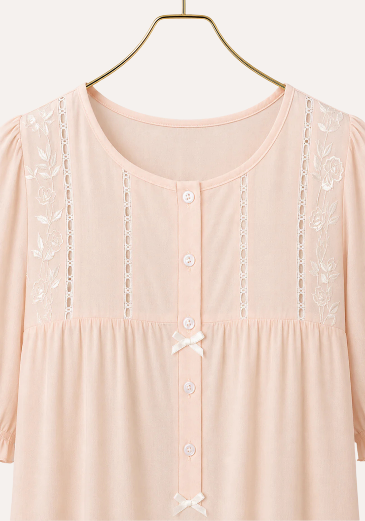Long Gown: Woven Viscose Short Sleeves Long Nighty With Buttons And Embroidery Details