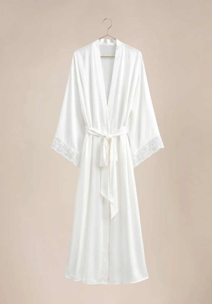 Bridal Long Robe Set: Shoulder Strap Padded Bra Long Gown And Long Robe With Lace Detail