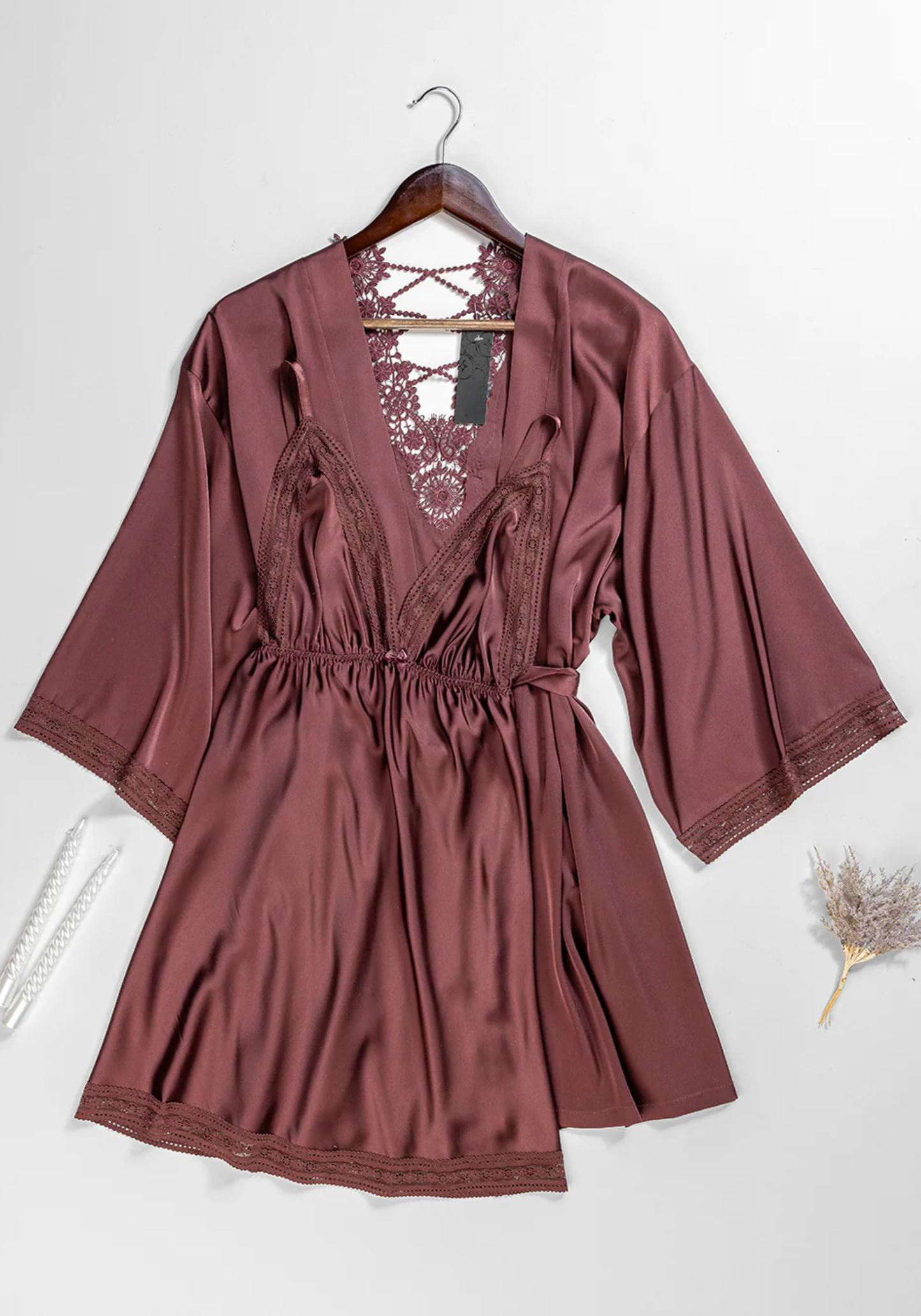 Lingerie Short Robe Set: Full Satin Babydoll And Full Satin Short Robe With Dantel At The Back