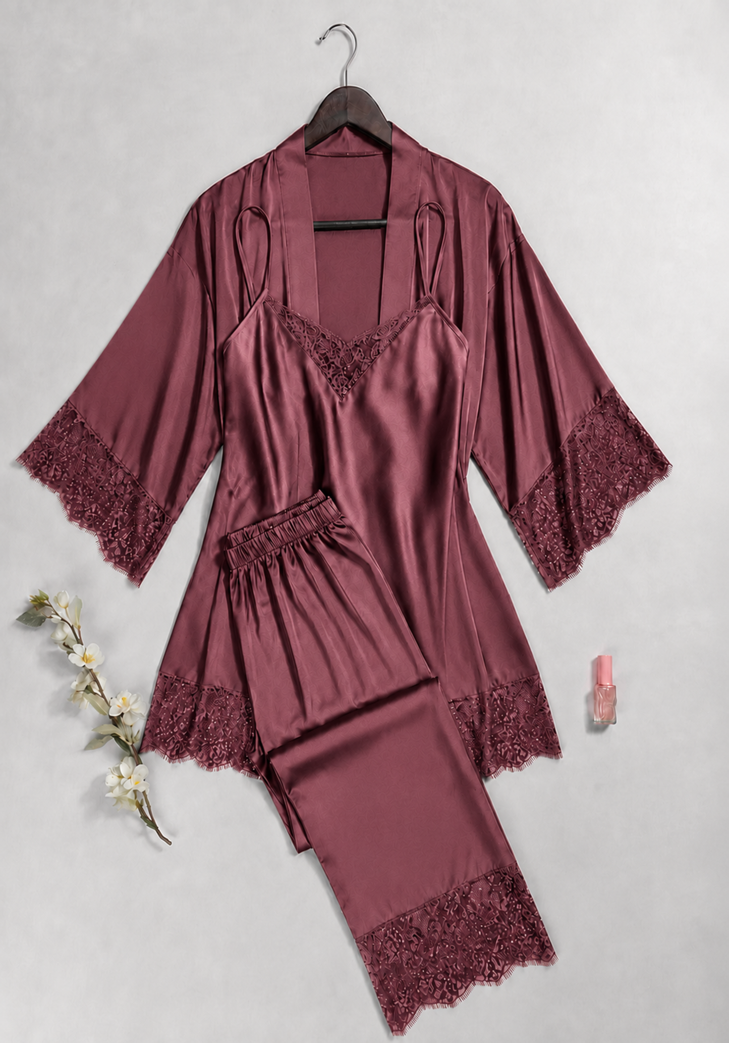 Lingerie 3 Pieces Set: Satin Plain Strap Top And Satin Plain Pants And Kimono With Dantel
