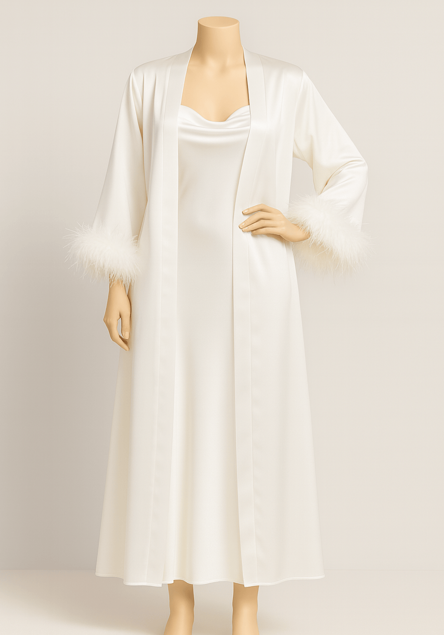 LNGR 2 Piece Long Satin Furr Robe Set