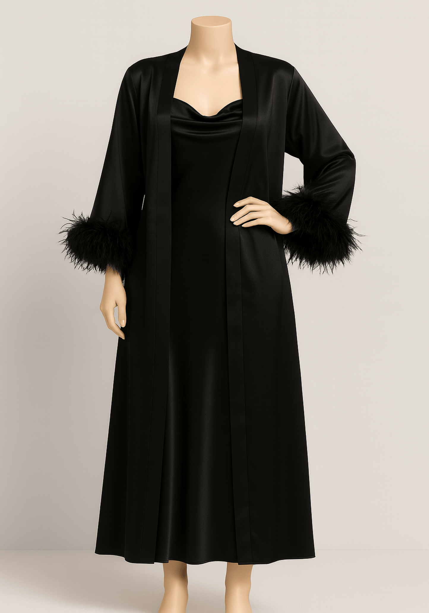 LNGR 2 Piece Long Satin Furr Robe Set