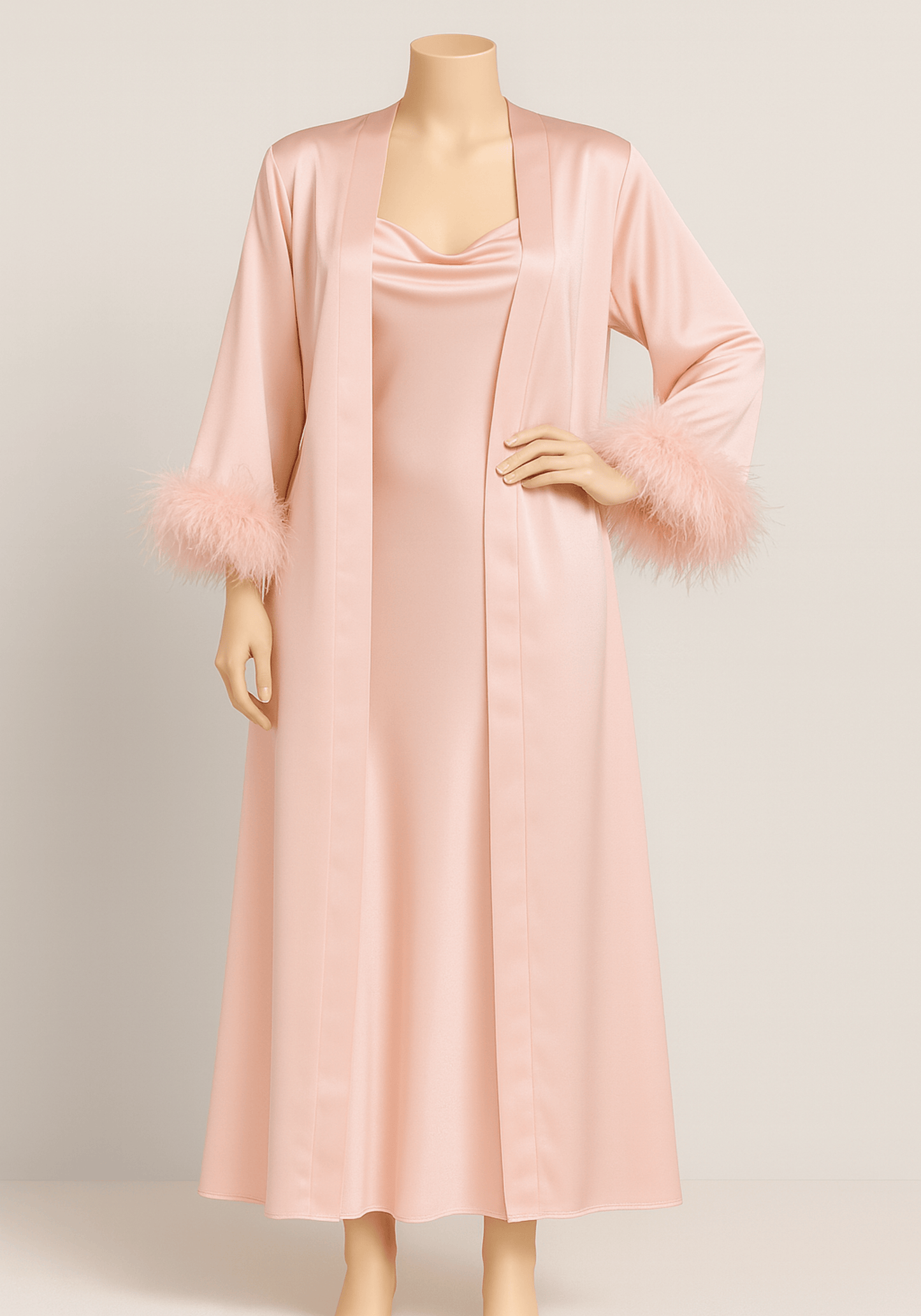 LNGR 2 Piece Long Satin Furr Robe Set