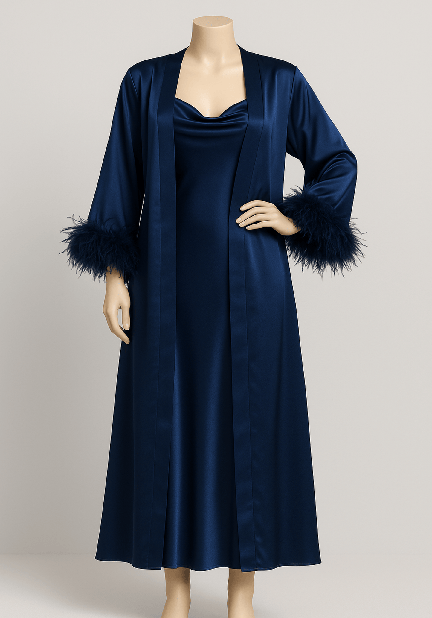 LNGR 2 Piece Long Satin Furr Robe Set