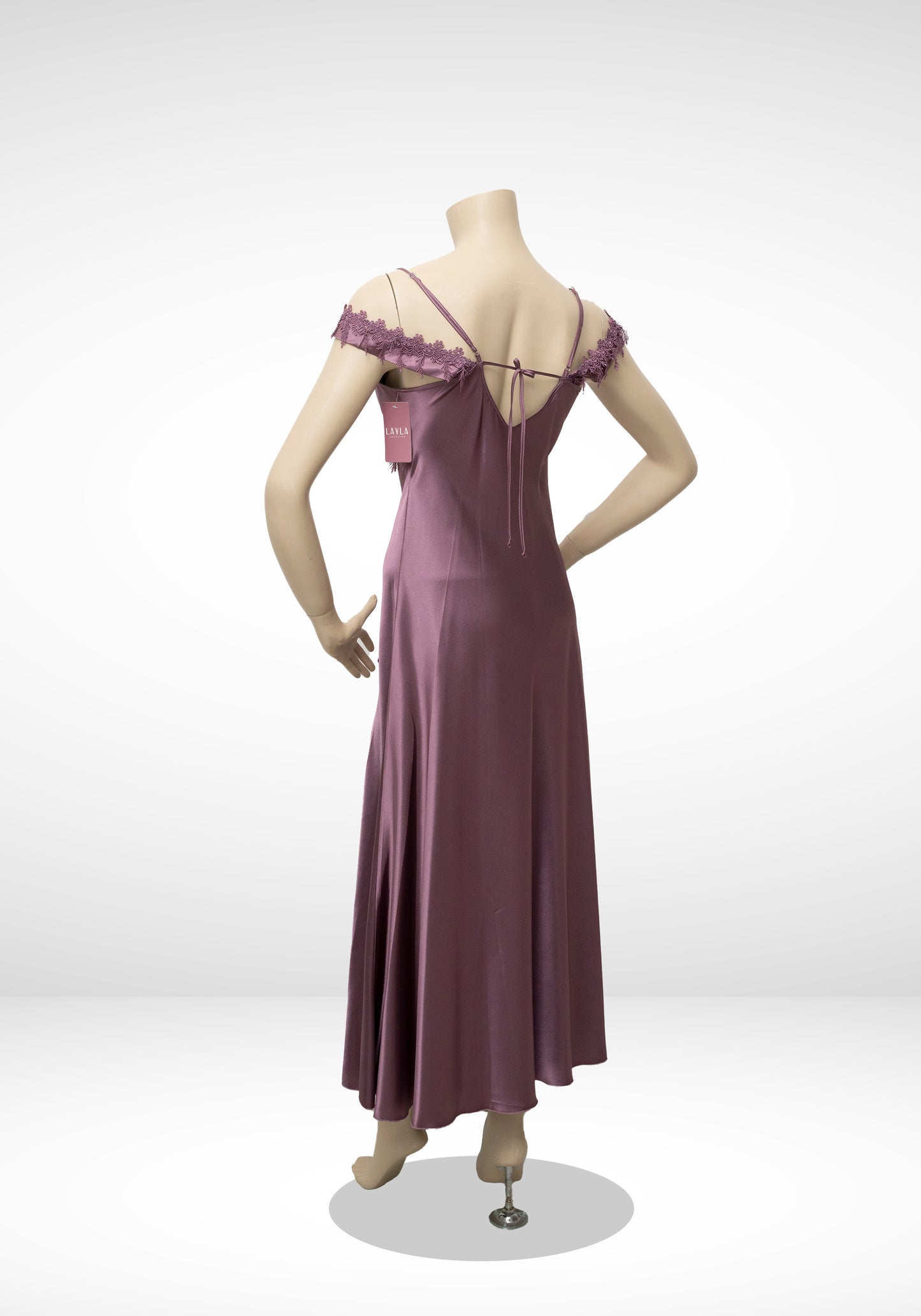 LNGR Satin Long Night Gown With Lace Shoulders
