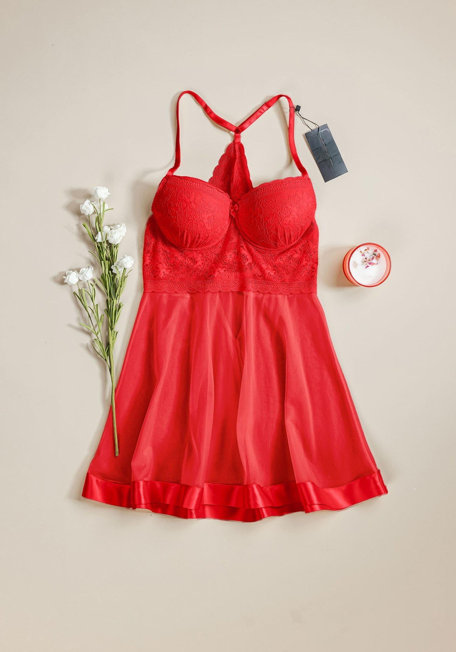 Babydoll: Shoulder Strap Lace Paddded Bra And Back Lace Chiffon Babydo