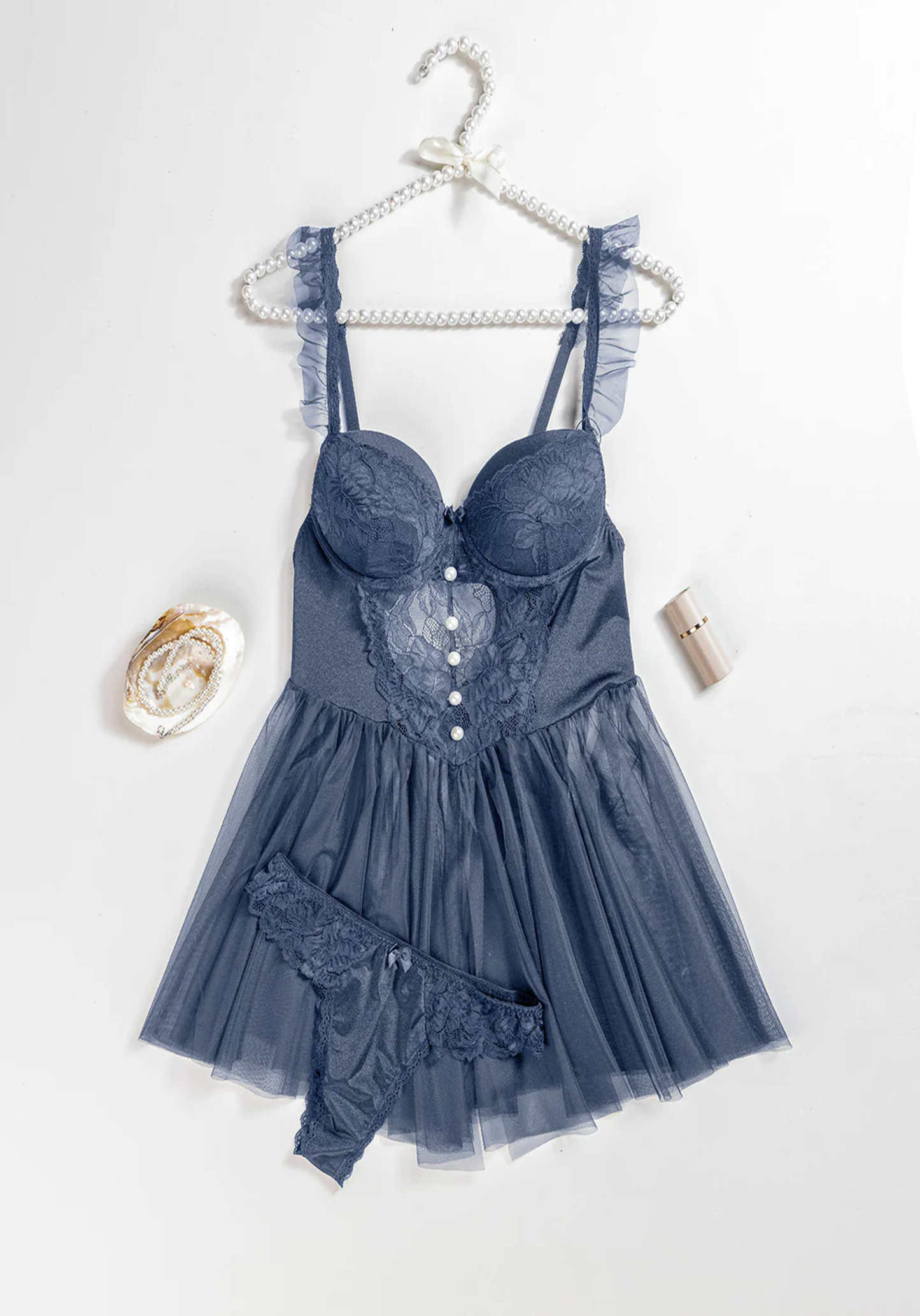 Lingerie Babydoll: Ruffle Strap Dantel Padded Cup Bustier Schiffon Babydoll With Satin Lace Panty