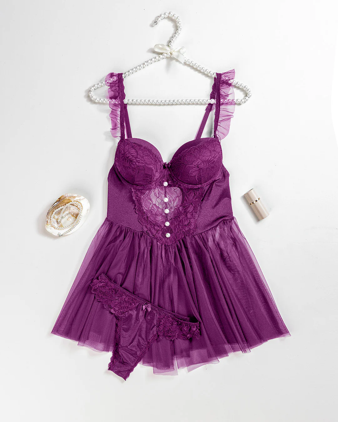 Lingerie Babydoll: Ruffle Strap Dantel Padded Cup Bustier Schiffon Babydoll With Satin Lace Panty