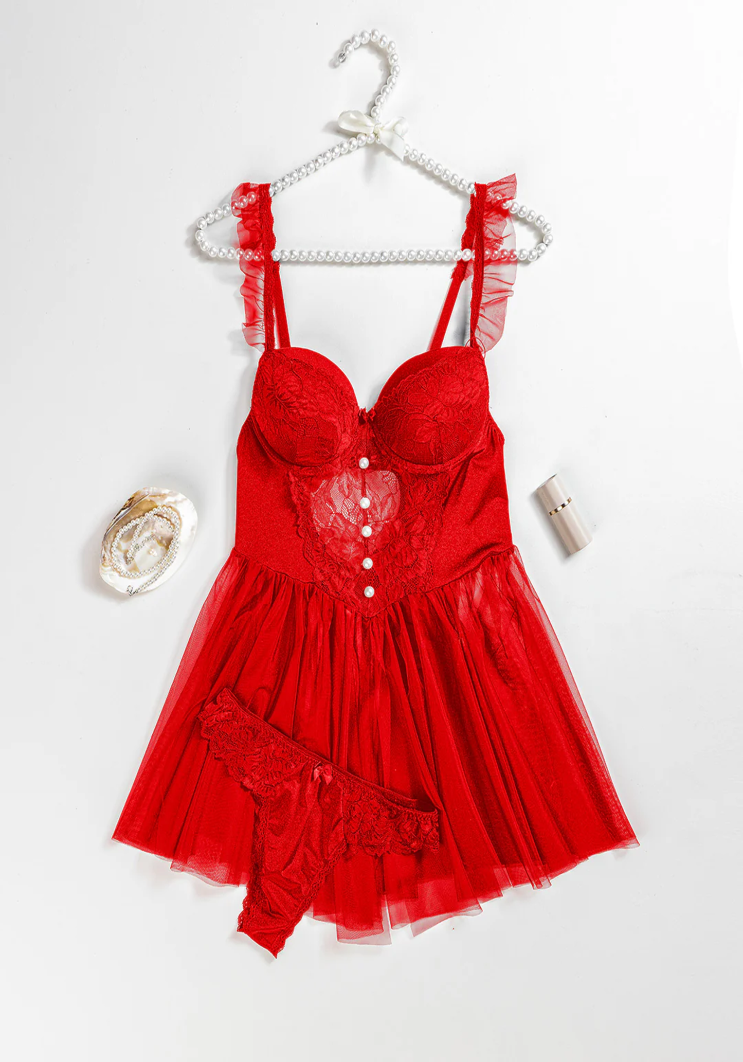 Lingerie Babydoll: Ruffle Strap Dantel Padded Cup Bustier Schiffon Babydoll With Satin Lace Panty