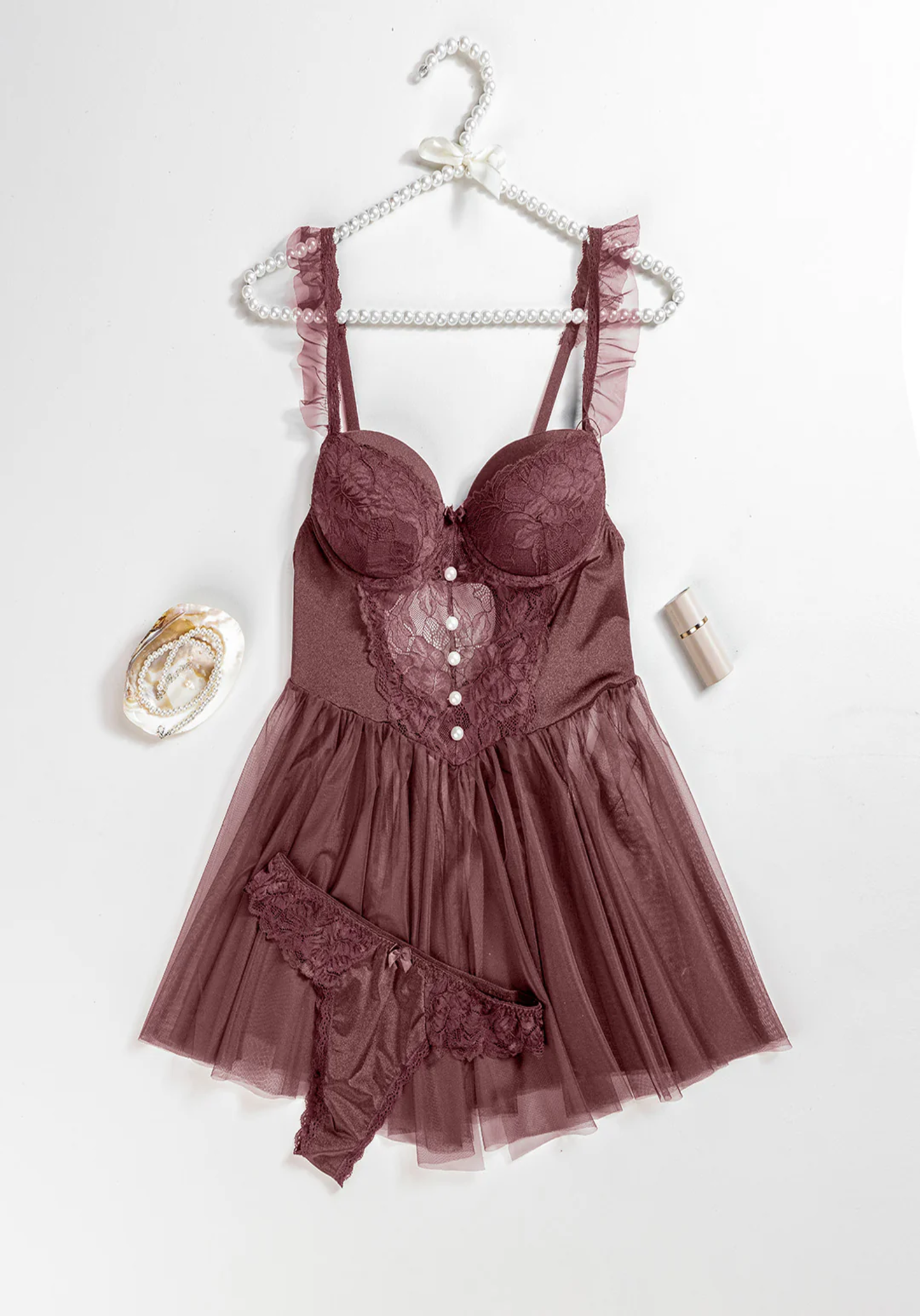 Lingerie Babydoll: Ruffle Strap Dantel Padded Cup Bustier Schiffon Babydoll With Satin Lace Panty
