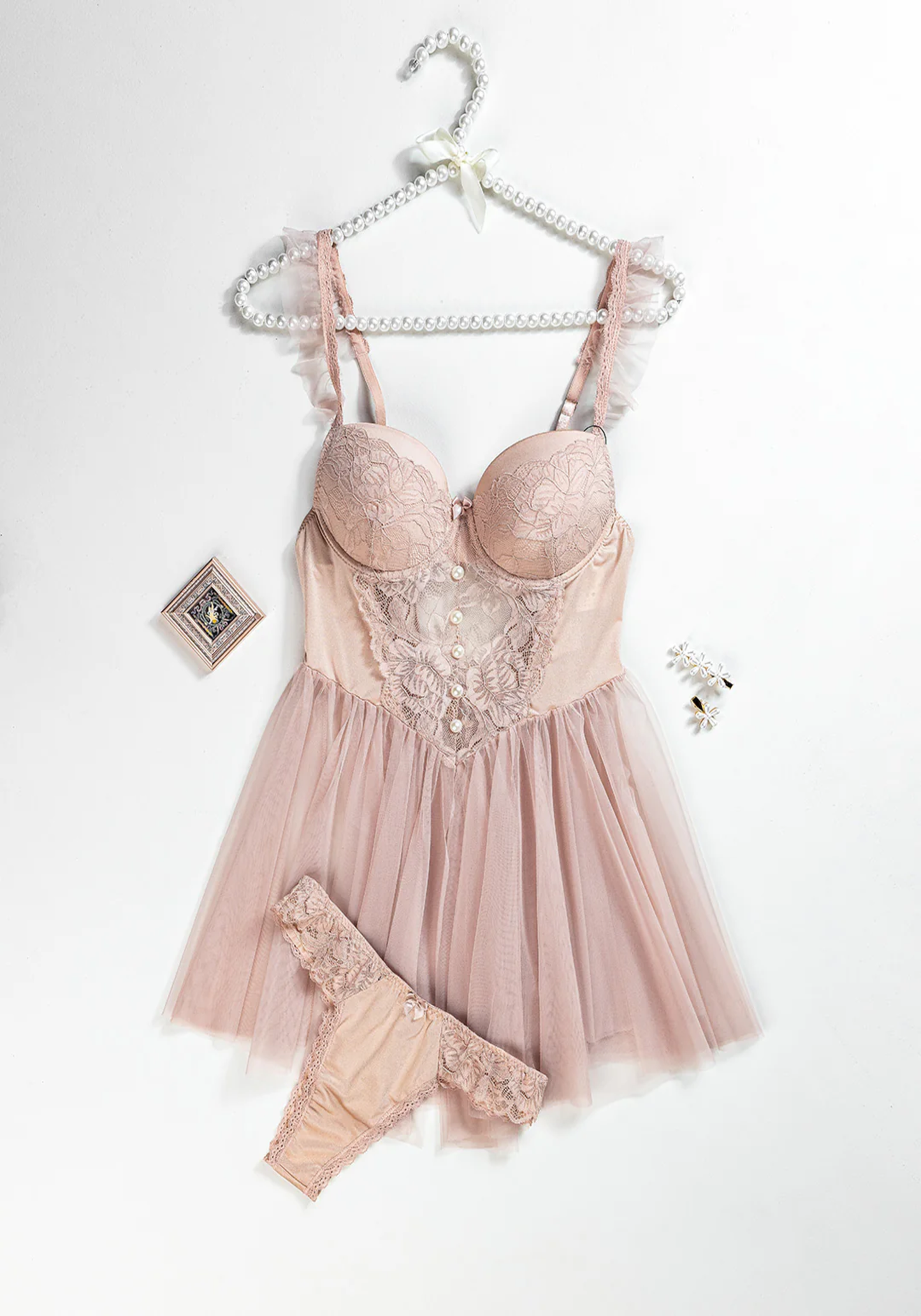Lingerie Babydoll: Ruffle Strap Dantel Padded Cup Bustier Schiffon Babydoll With Satin Lace Panty