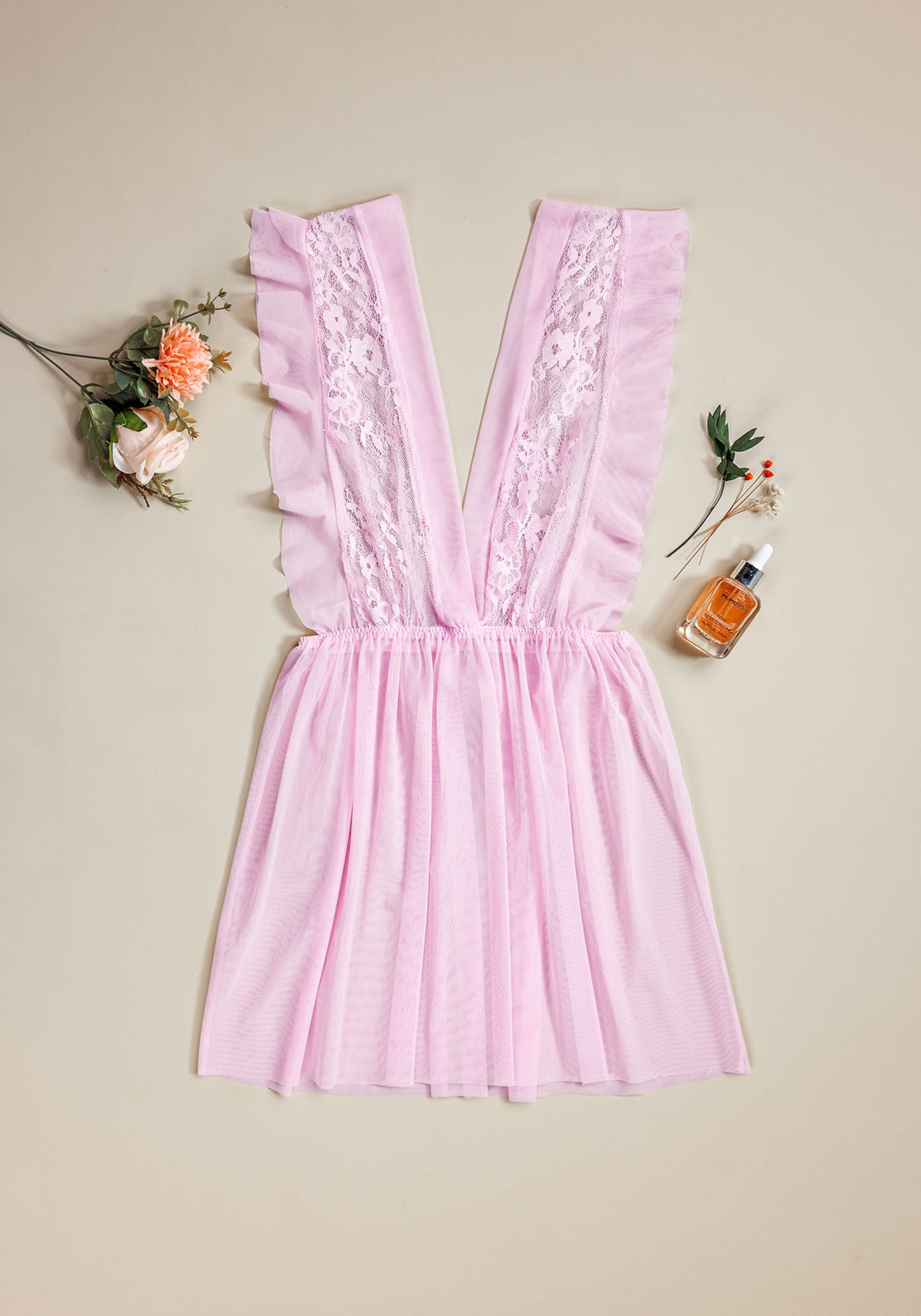 Toulle Babydoll With V Front And Back Opening And Lace Detail