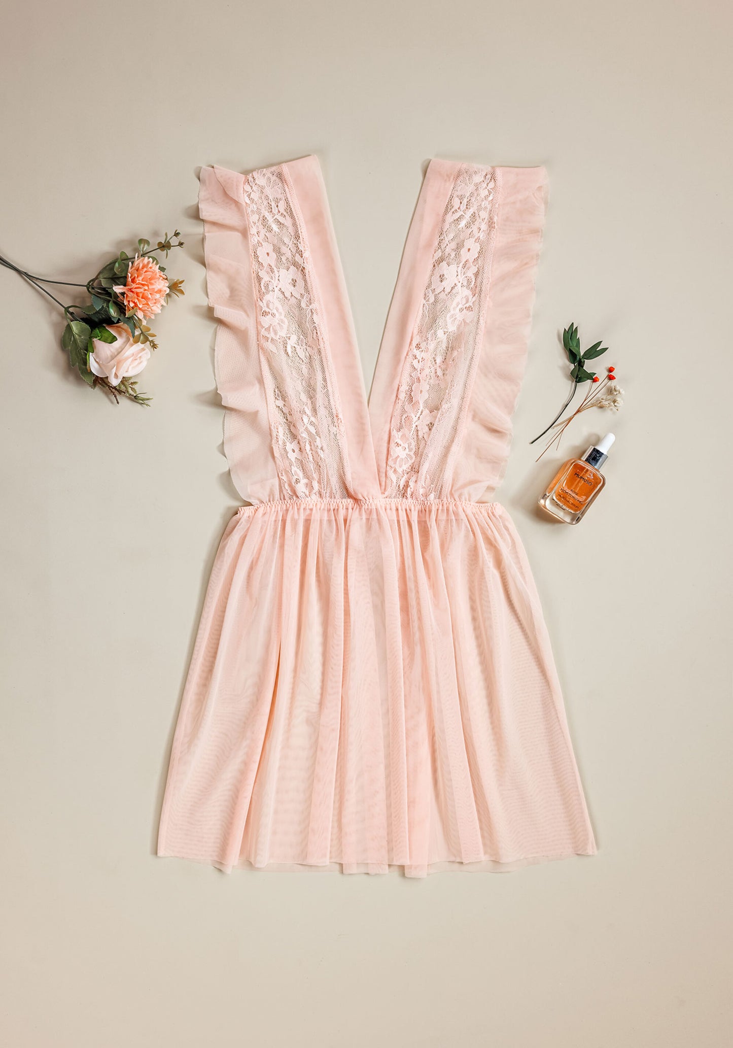 Toulle Babydoll With V Front And Back Opening And Lace Detail