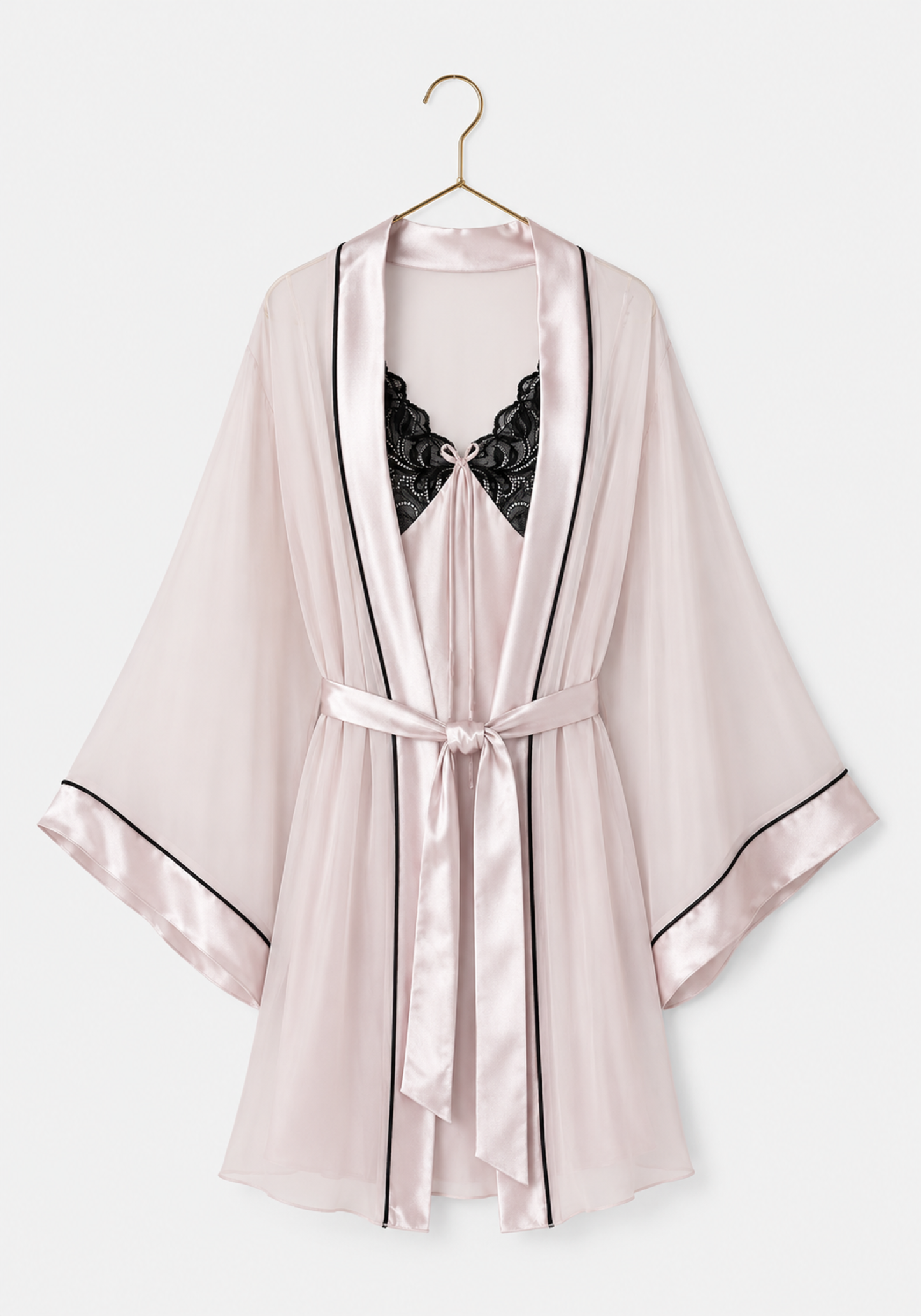 Schiffon Satin Short Robe Set: Satin Babydoll With Dantel On Cups And Schiffon Robe