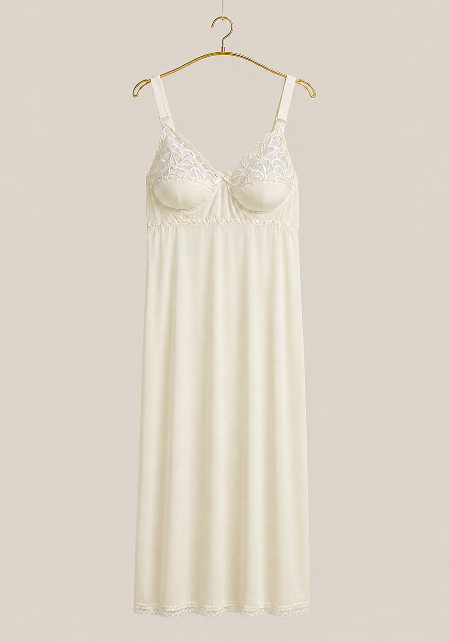 Long Slip: Wide Shoulder Strap Half Lace Half Padded Cup Long Under Slip