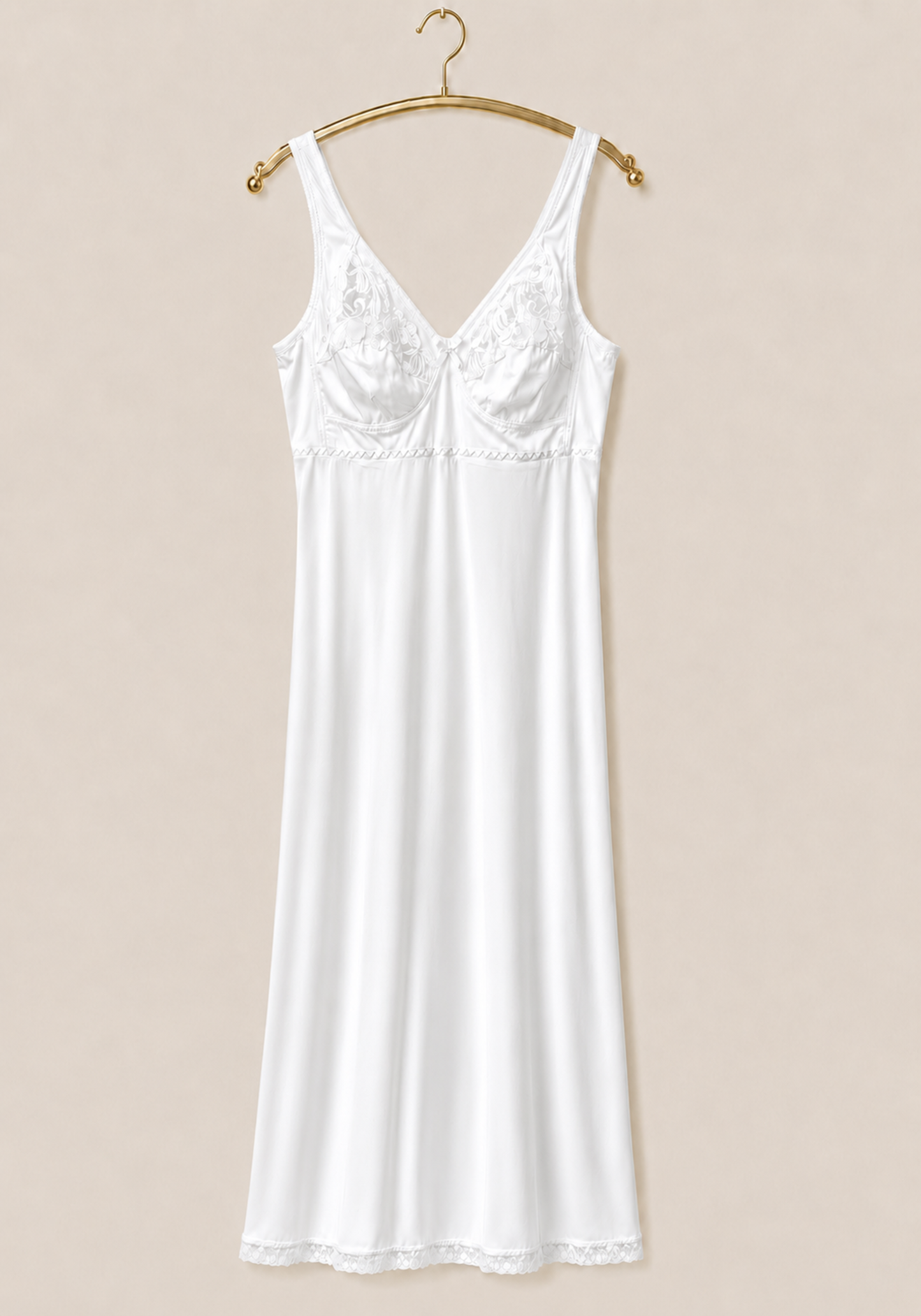 Long Slip: Wide Shoulder Strap Half Lace Unpadded Cup Long Under Slip